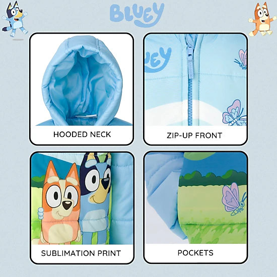 Bluey Girls' Hooded Zip-Up Puffer Jacket
