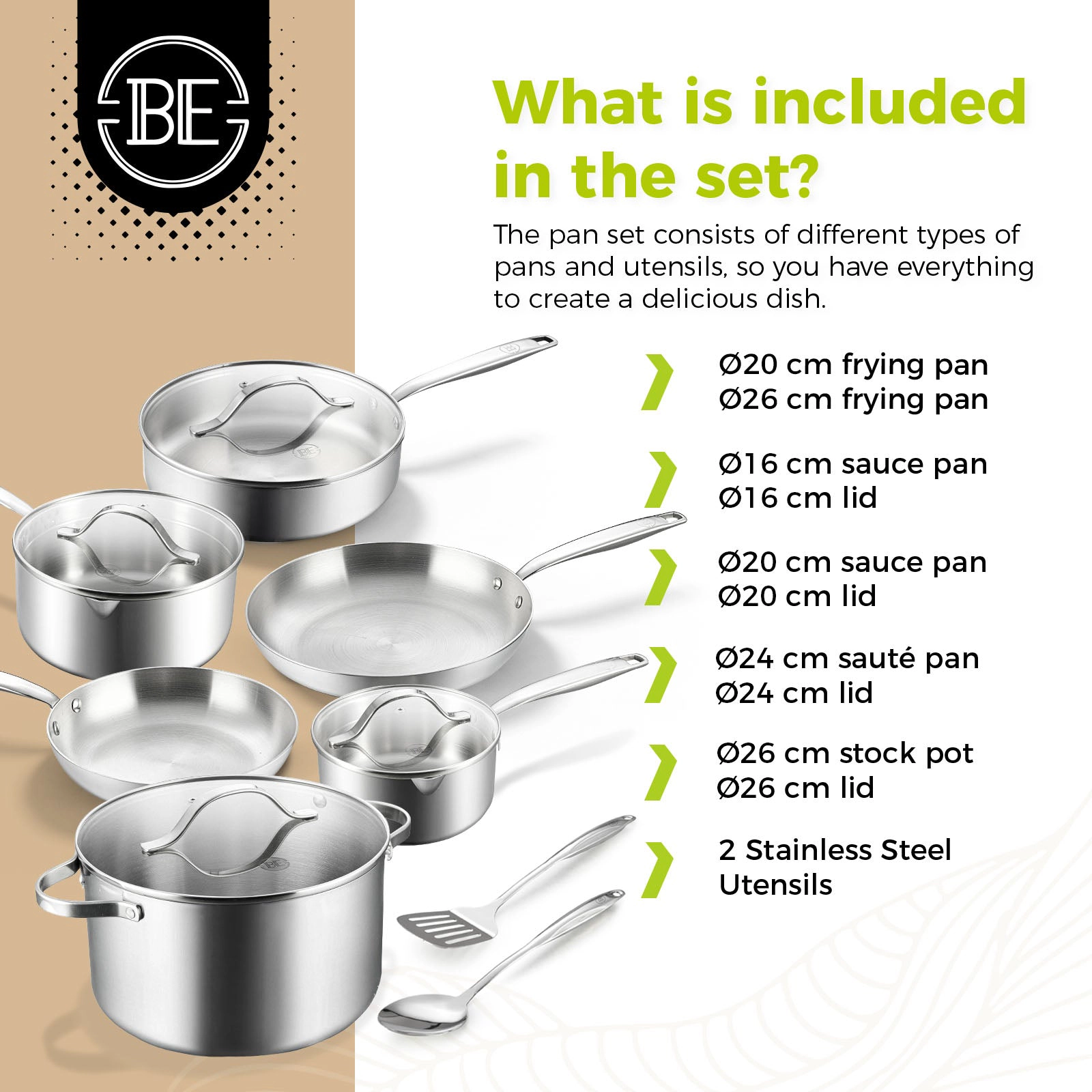 BE - LIVING Essential Series PFAS- free Tri-Ply Stainless Steel 12-Piece Cookware Set