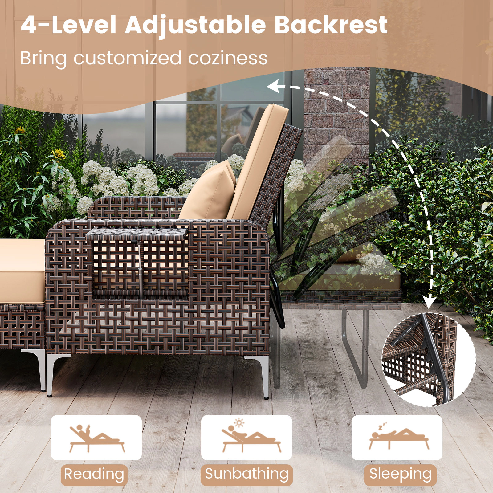 SUGIFT 2-Piece Brown Wicker Patio Daybed with Adjustable Backrest, Storage Ottoman and 2 Trays