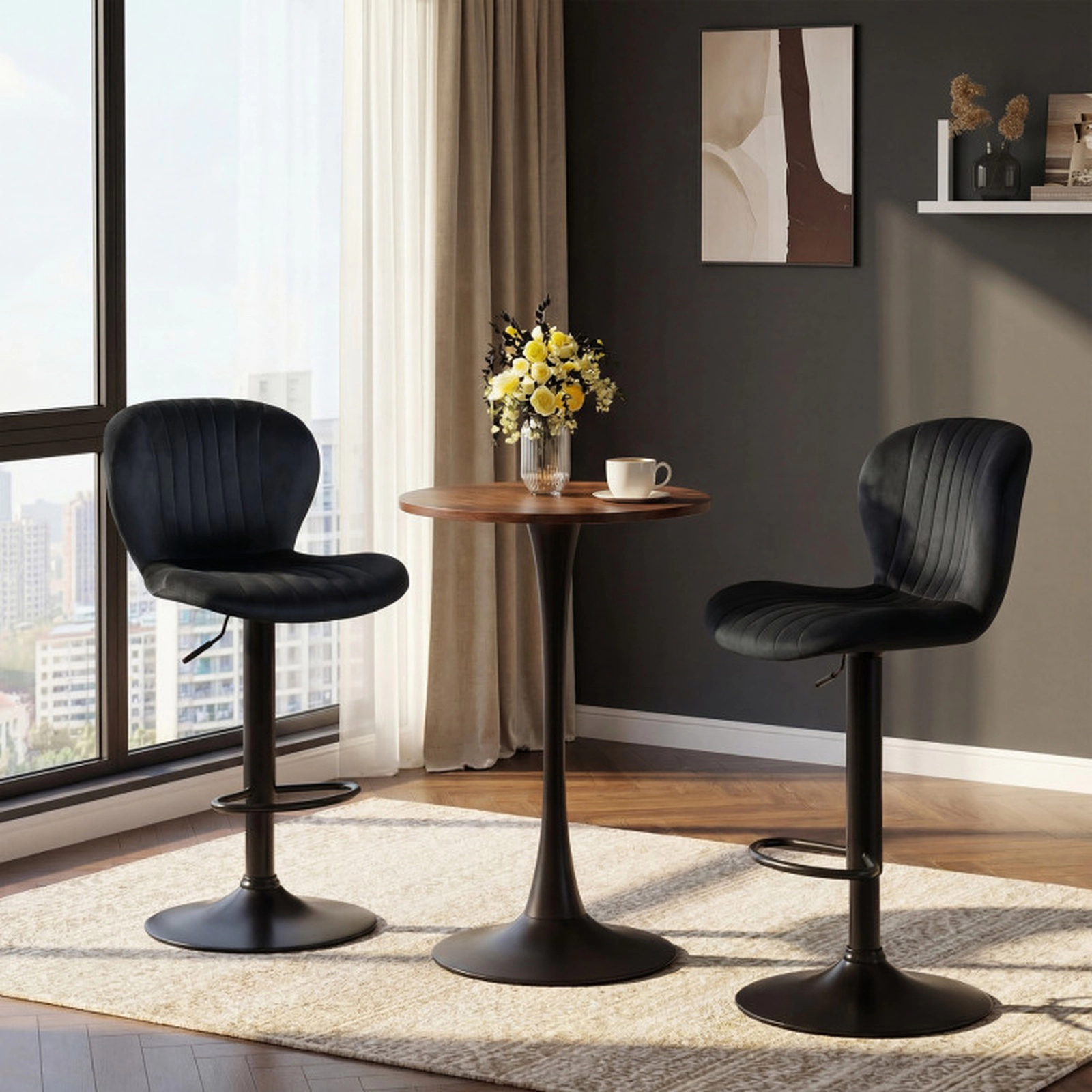 SUGIFT Adjustable Swivel Counter Height Bar Stools Set of 4 with Velvet Upholstered Backrests 330-lb Capacity Black