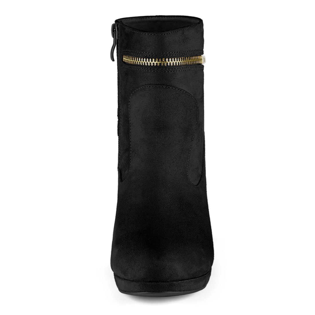BLISSFUL STEP Women Faux Suede Round Toe Ankle Mid Heel Block Boots