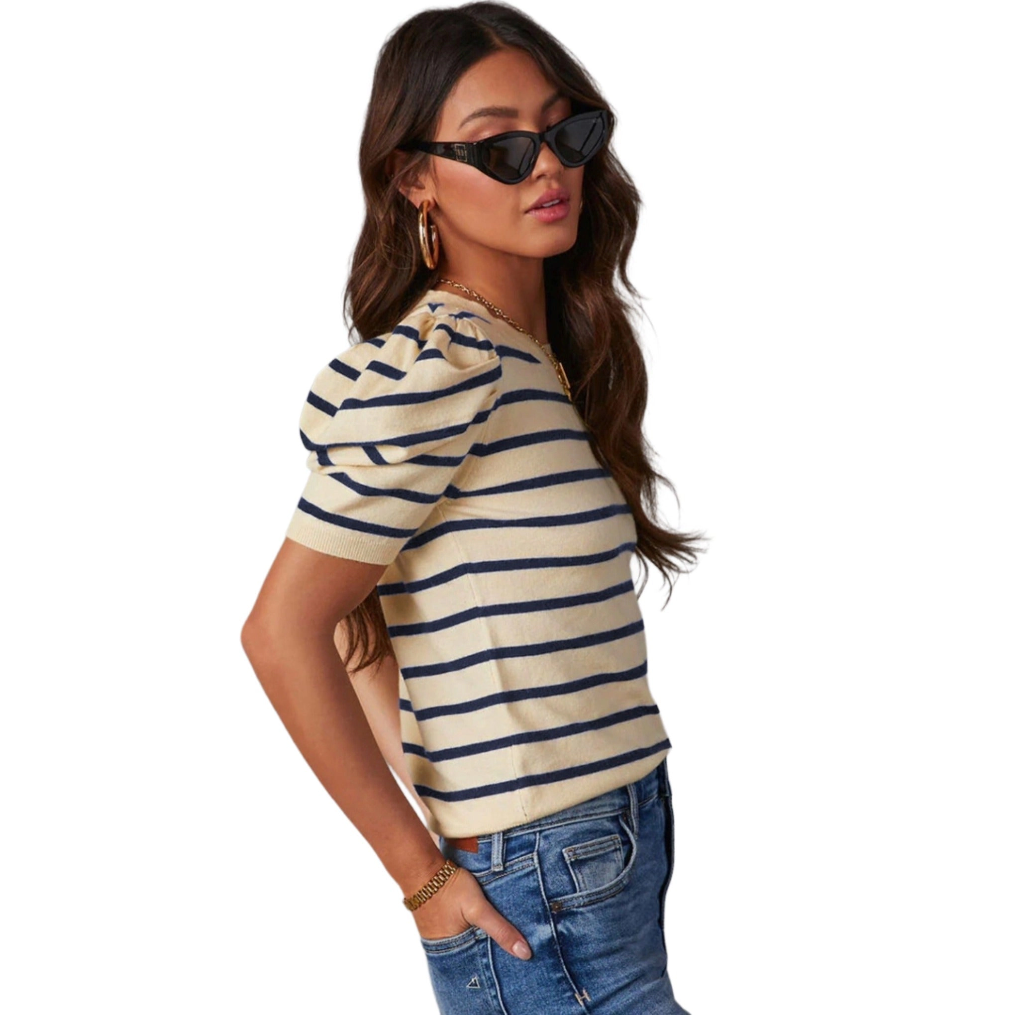ZILPU Women's Striped Puff Sleeve Knit Top