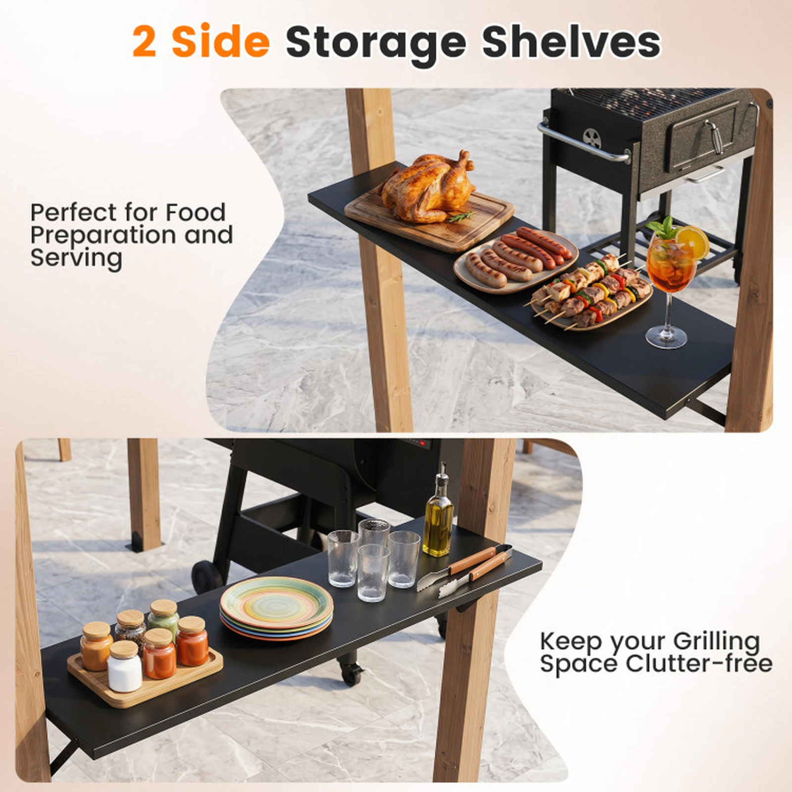 SUGIFT Brown 2 Side Serving Shelves 8.6 x 5 ft Cedar Wood Grill Gazebo BBQ Shelter
