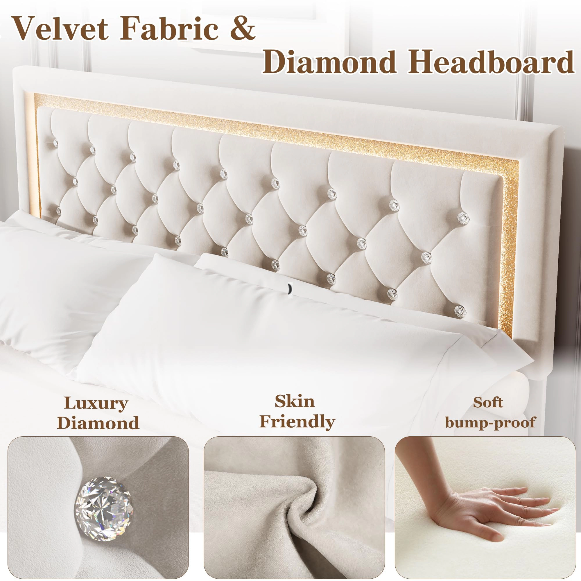 Floating Platform Bed with Diamond Upholstered Headboard and RGB LED Lights, Under-Bed Storage, Wood Slat