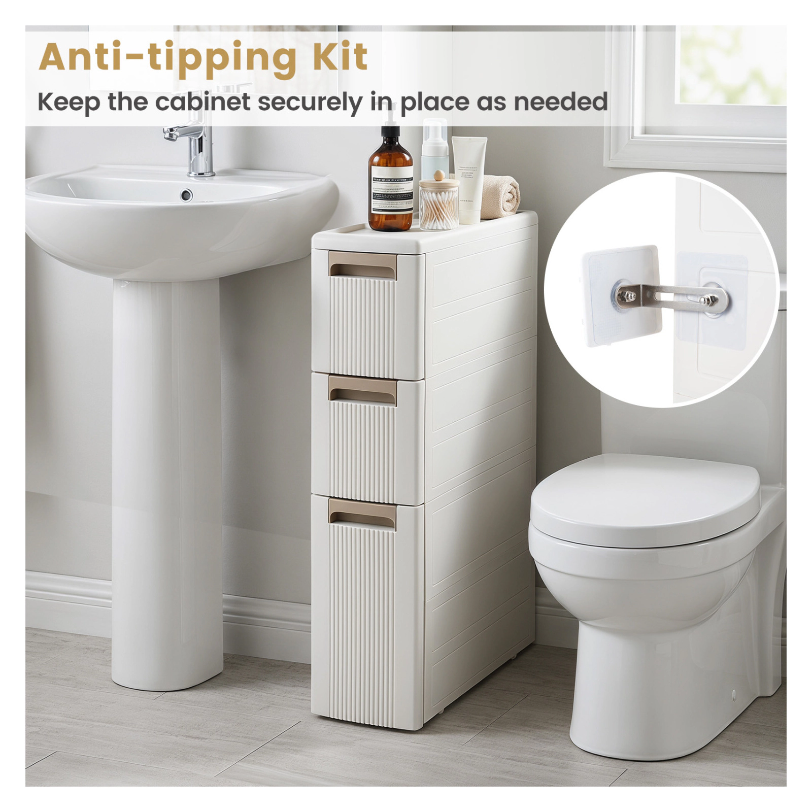 Glintex 3-Drawer Slim Rolling Storage Cart with Removable Dividers and Fluted Front, Beige