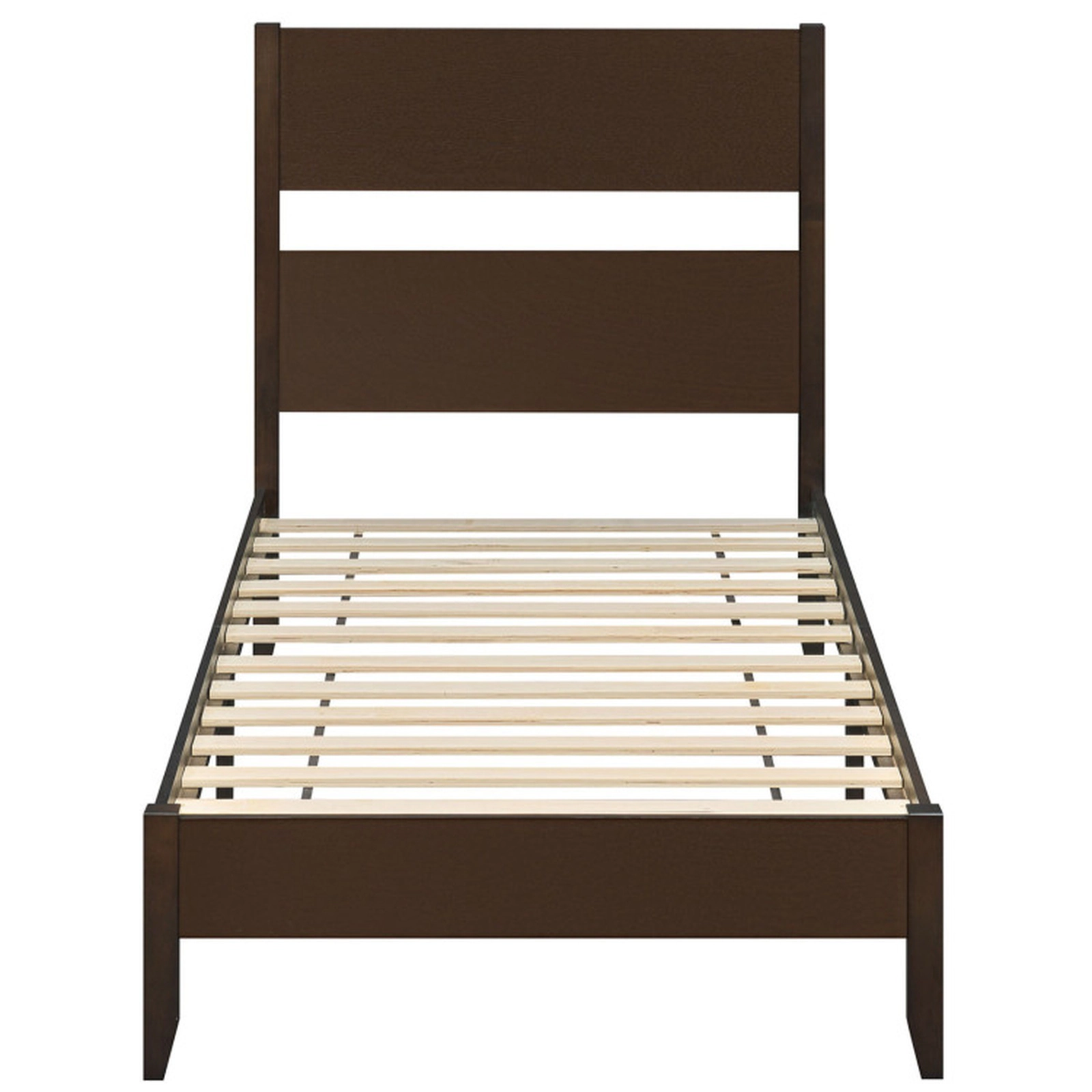 SUGIFT Dark Walnut Panel Headboard Solid Wood Legs and 12 Slats Twin Size Wooden Bed Frame