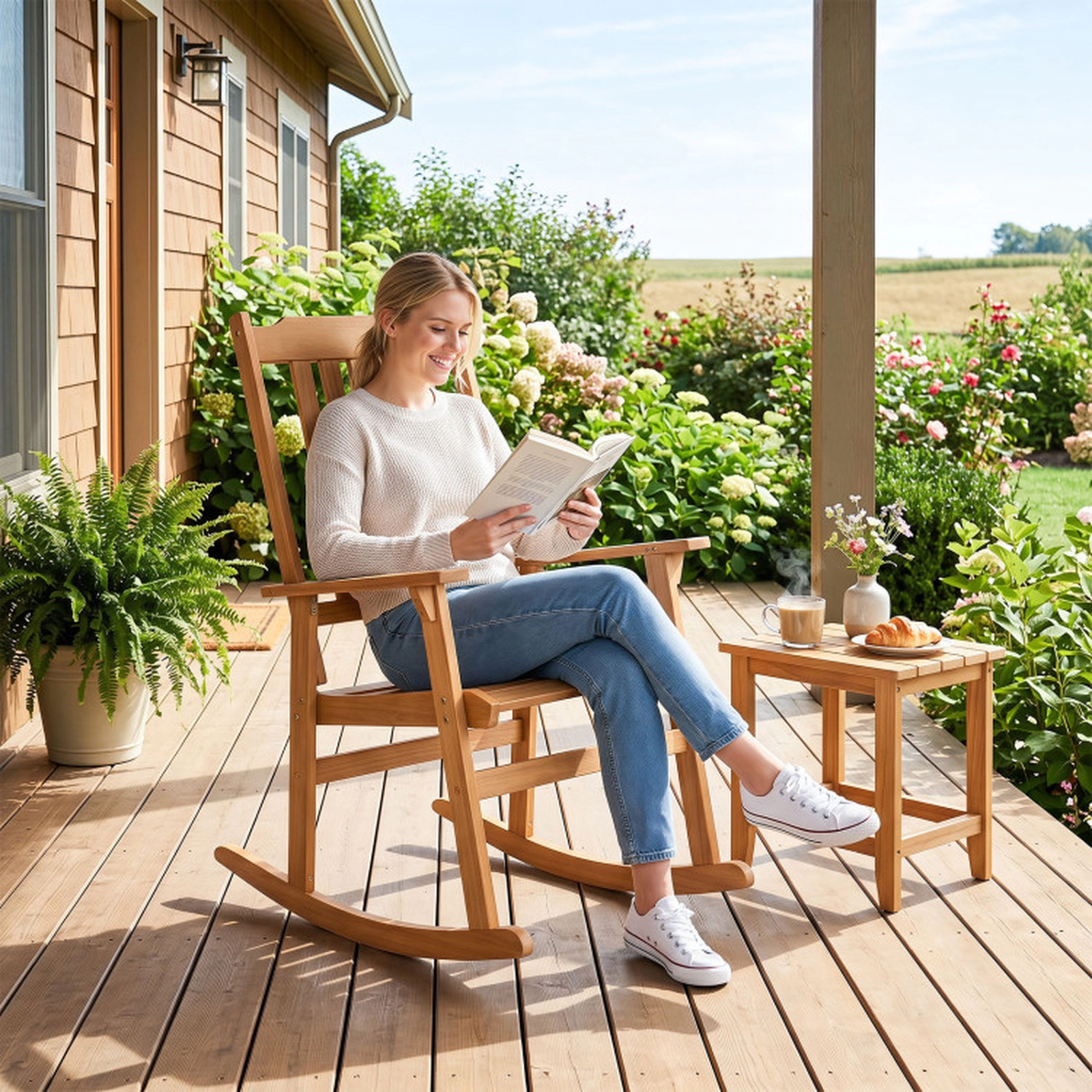 SUGIFT Outdoor Acacia Wood Rocking Chair High Back & Wide Armrests 400-lb Capacity 32 x 25 x 42 in Frame 1-Piece Natural