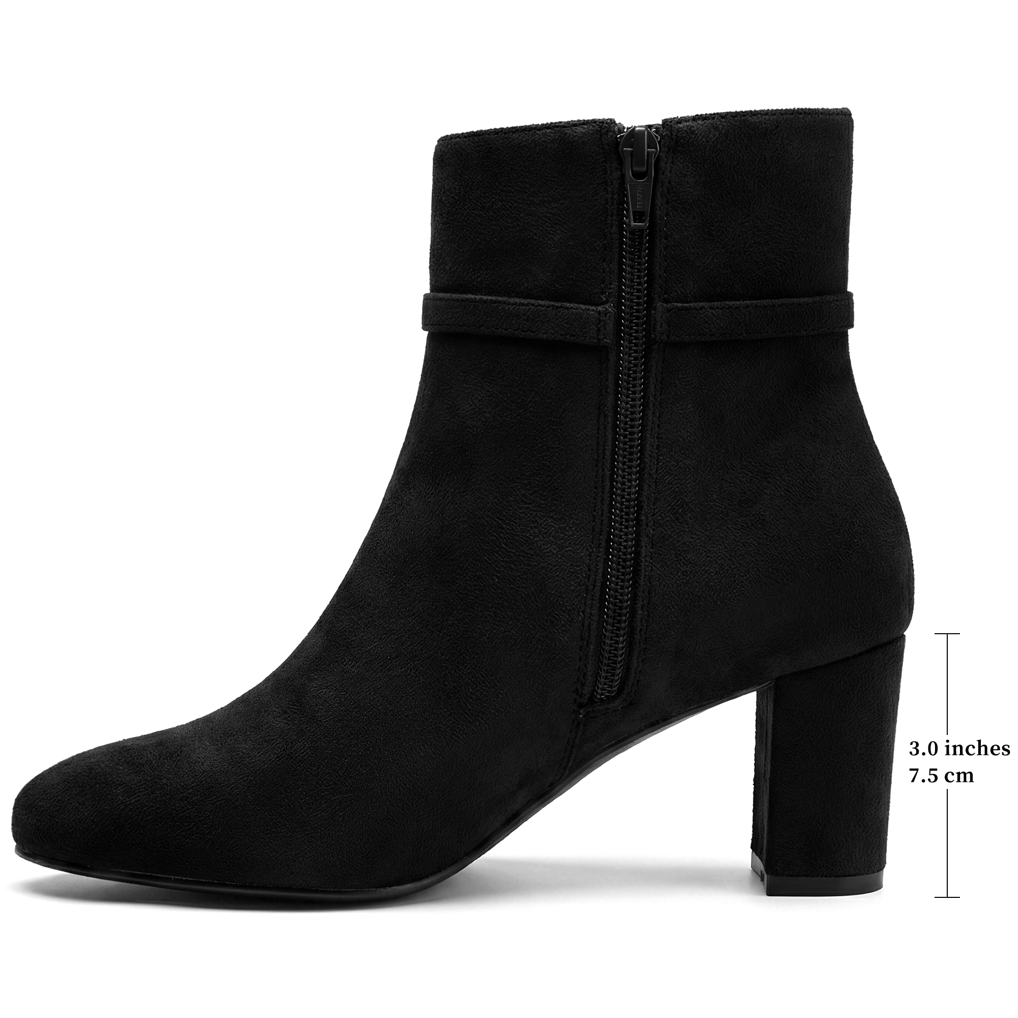BLISSFUL STEP Women Faux Suede Rhinestone Square Toe Buckle Block Heel Ankle Boots