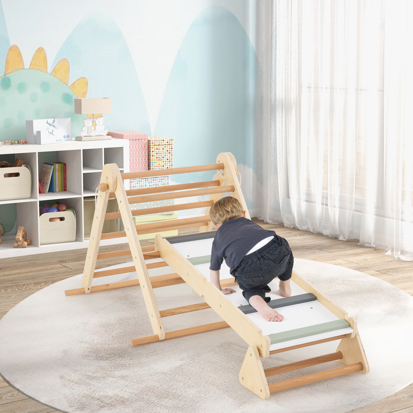 SUGIFT Natural Ramp 3-in-1 Kids Pikler Triangle Climbing Set Foldable Montessori Toy