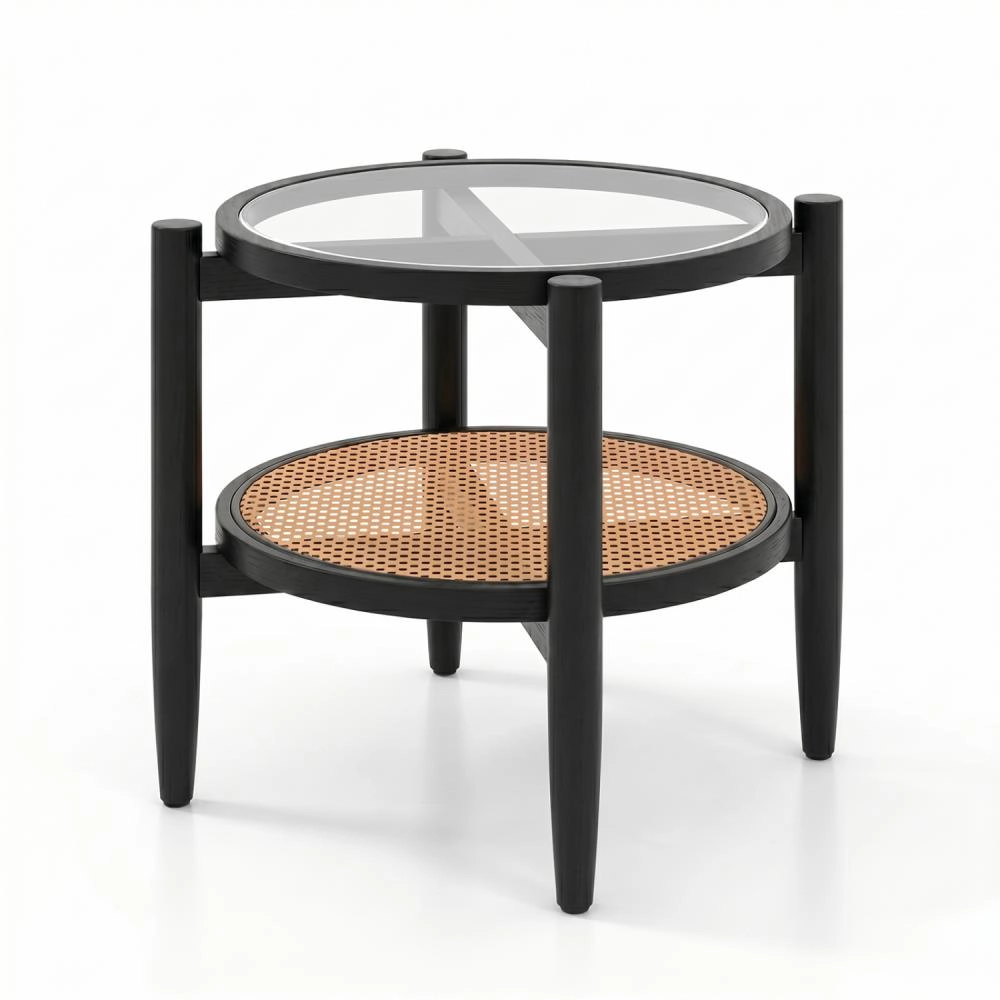 Hivvago Rattan Round Side End Table With Tempered Glass Tabletop