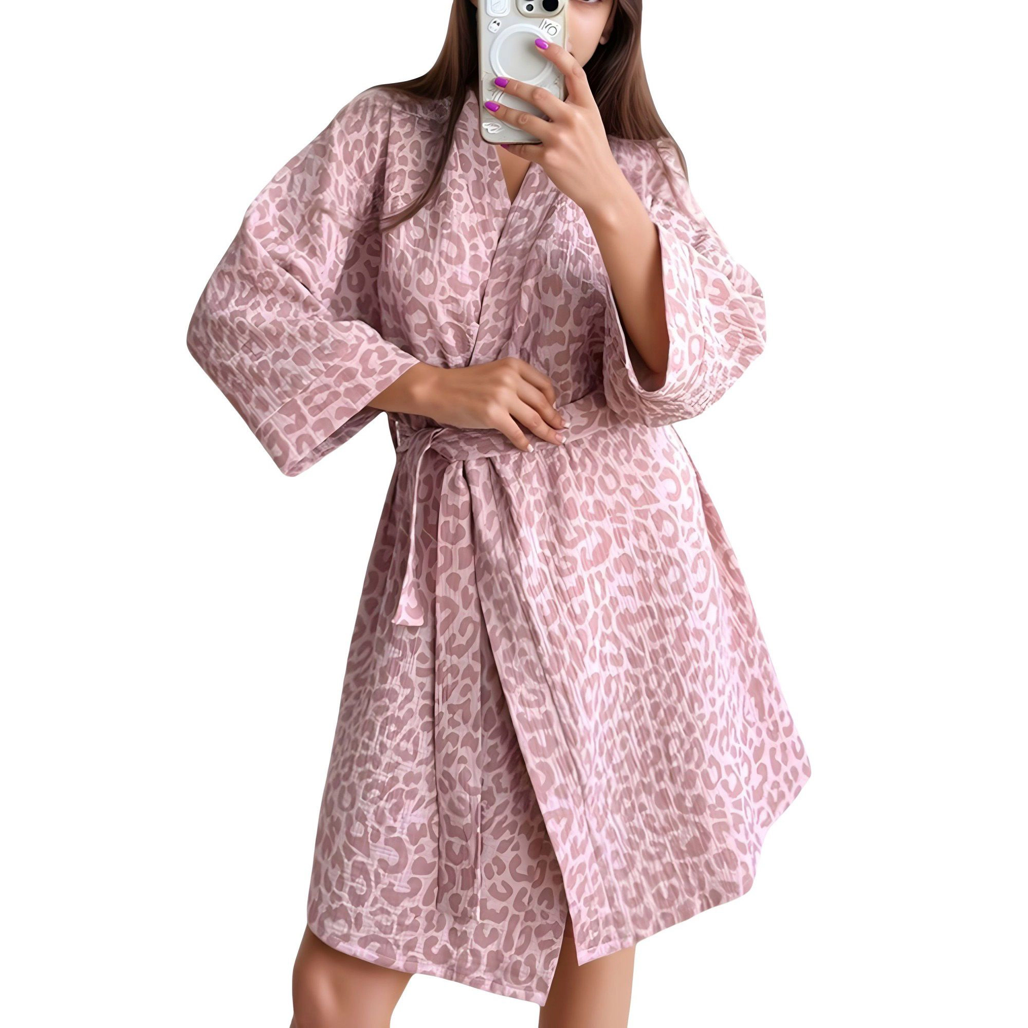 Anna-Kaci Women's Leopard Print Bath Robe with Waist Tie and Wide Sleeves
