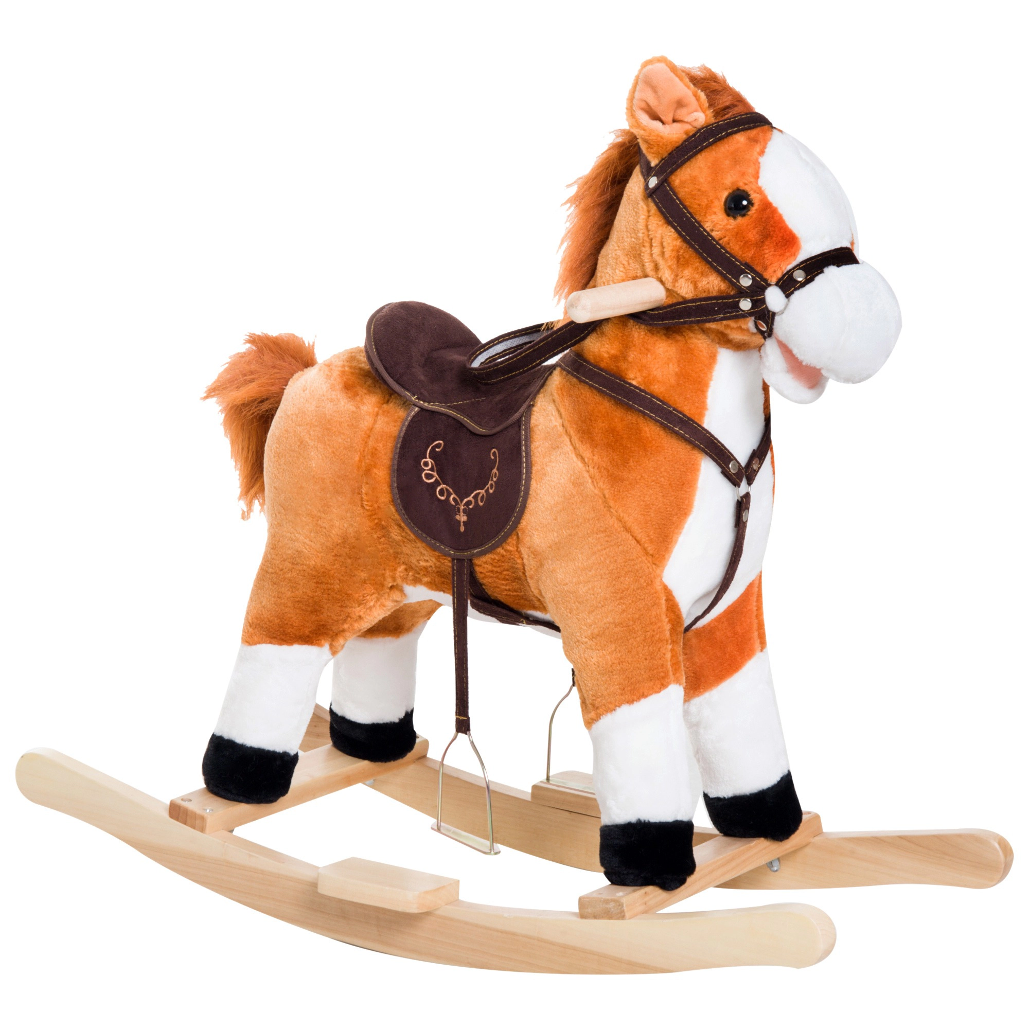 HONGGE Plush Rocking Horse with Saddle and Footrest, Realistic Galloping Sound, Supports 88 lbs for Kids Ages 3+, Brown
