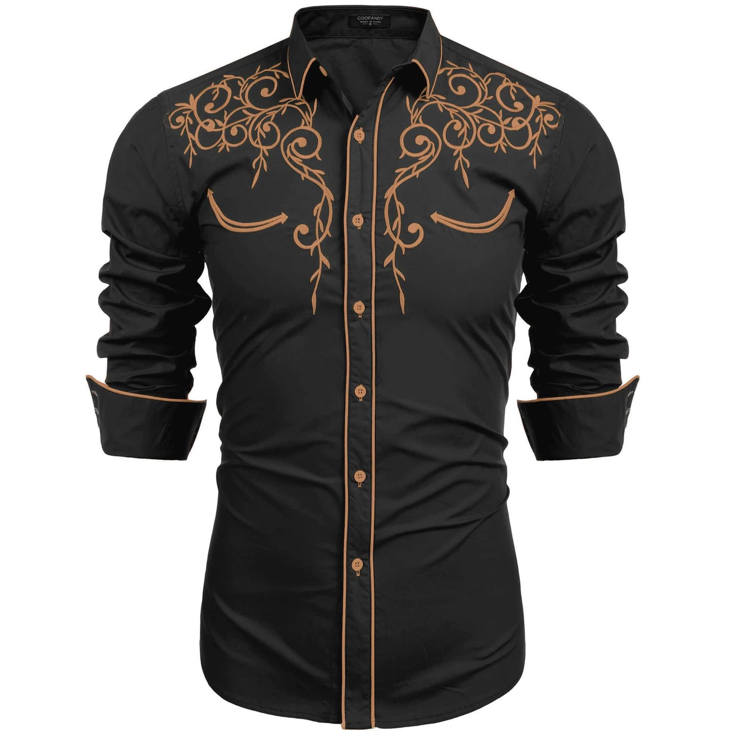 COOFANDY Mens Western Floral Embroidered Long Sleeve Shirt Button Down Dress Shirts