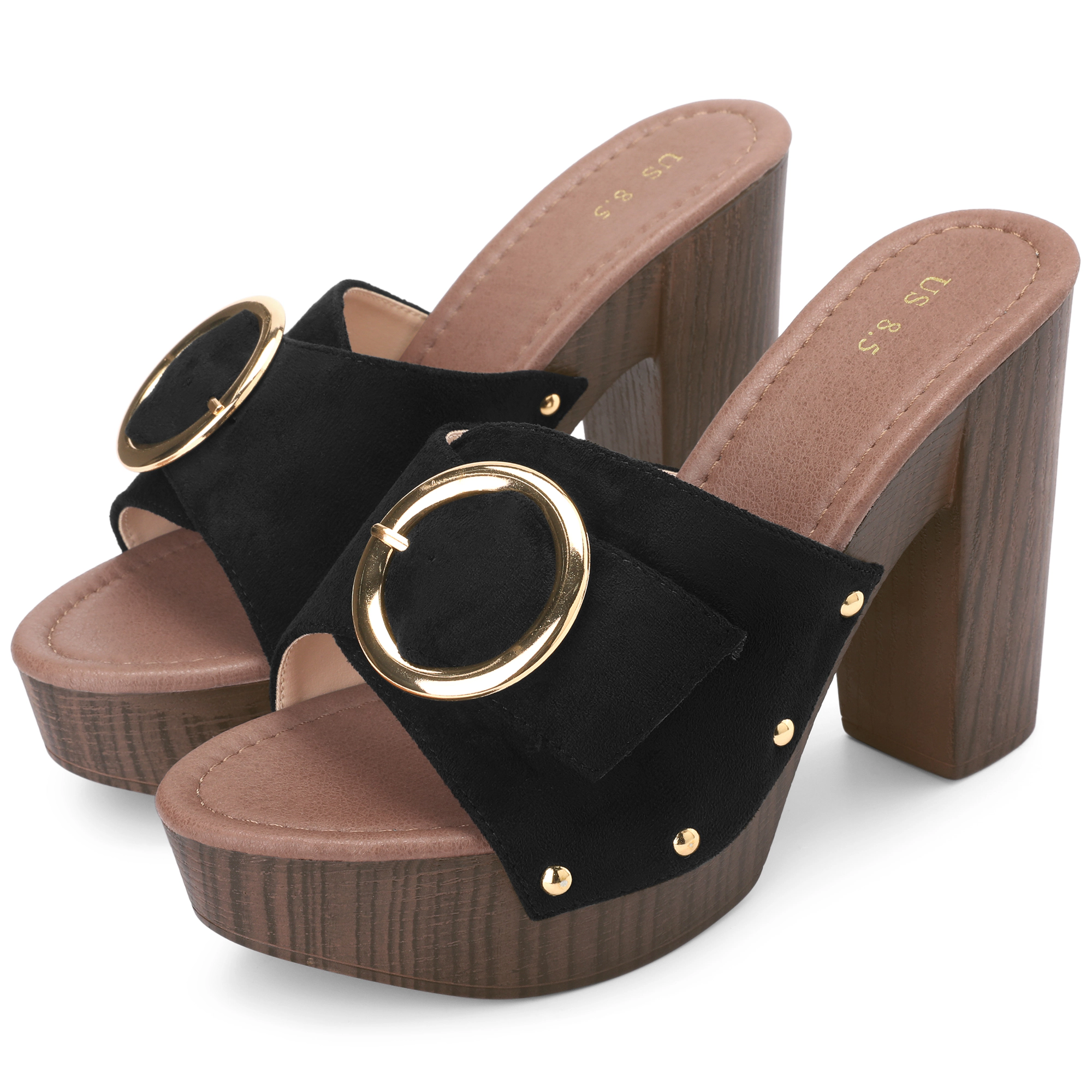 BLISSFUL STEP Women's Faux Suede Buckle Slip on Platform Chunky Heels Sandals