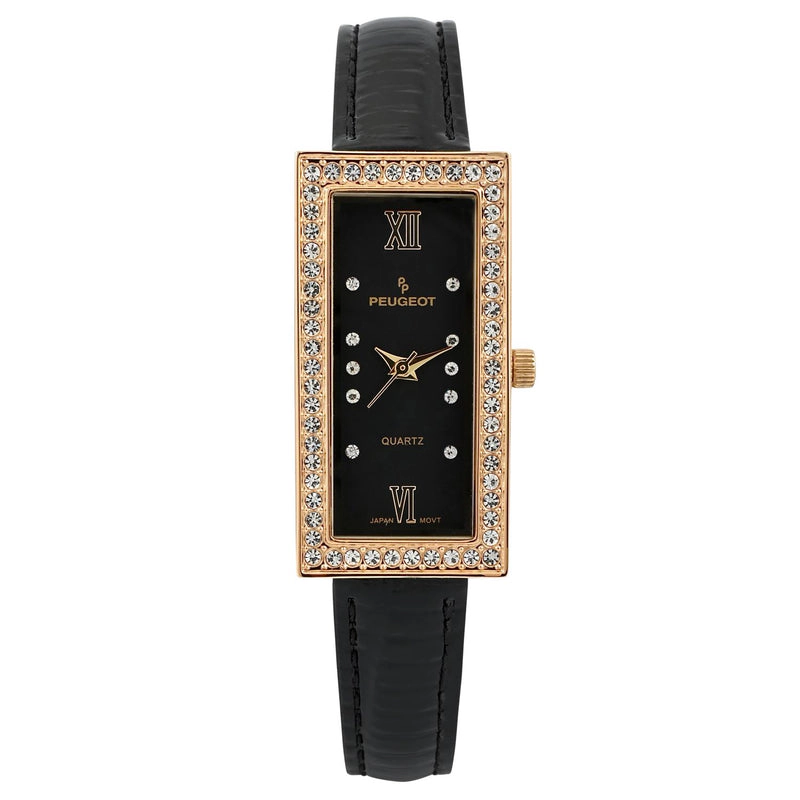 Peugeot Women's 35x20mm Crystal Bezel Watch with Glossy Black Leather Strap