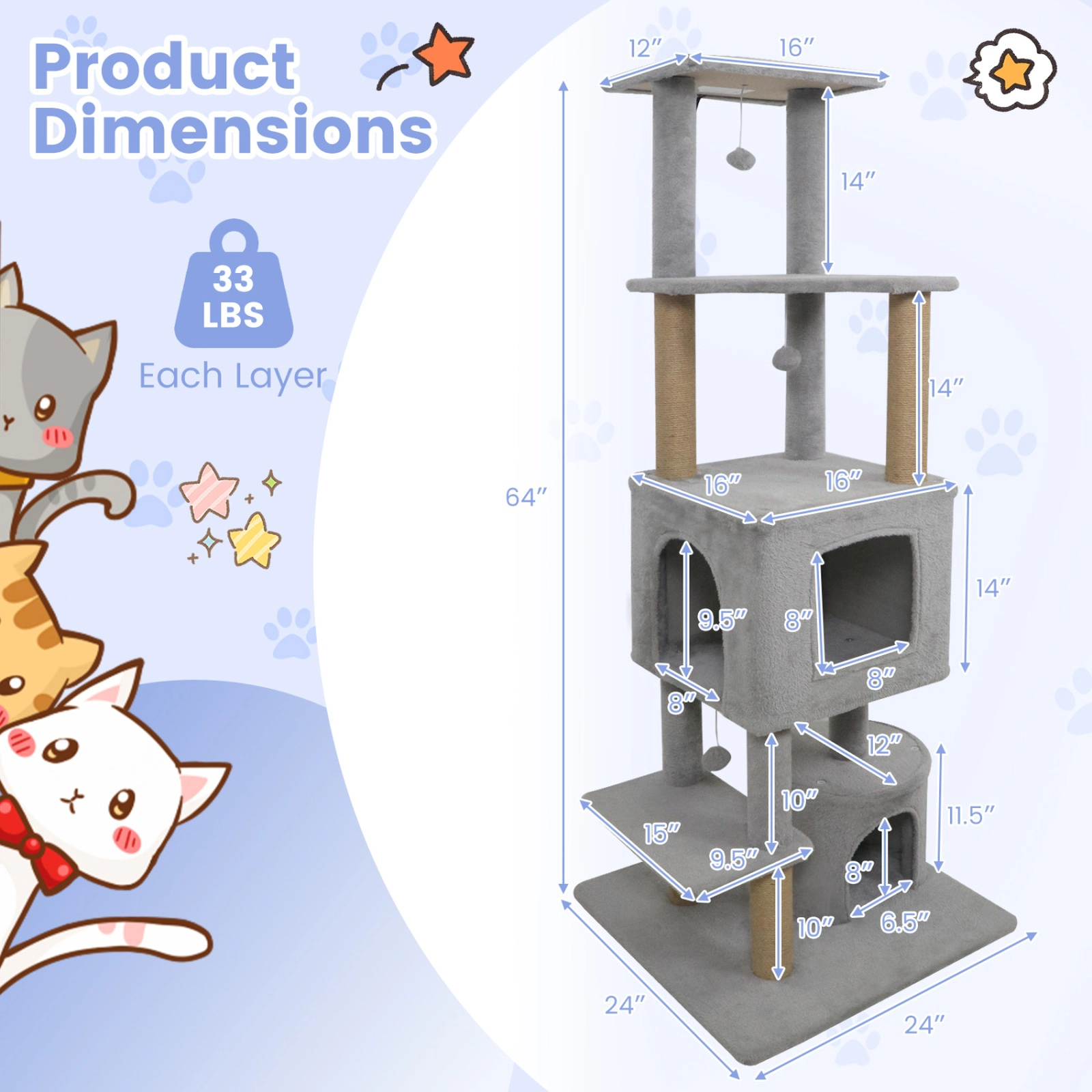 SUGIFT 64-in Light Grey Tall Cat Tree Scratching Tower with Natural Jute Posts 2 Condos and Top Perch