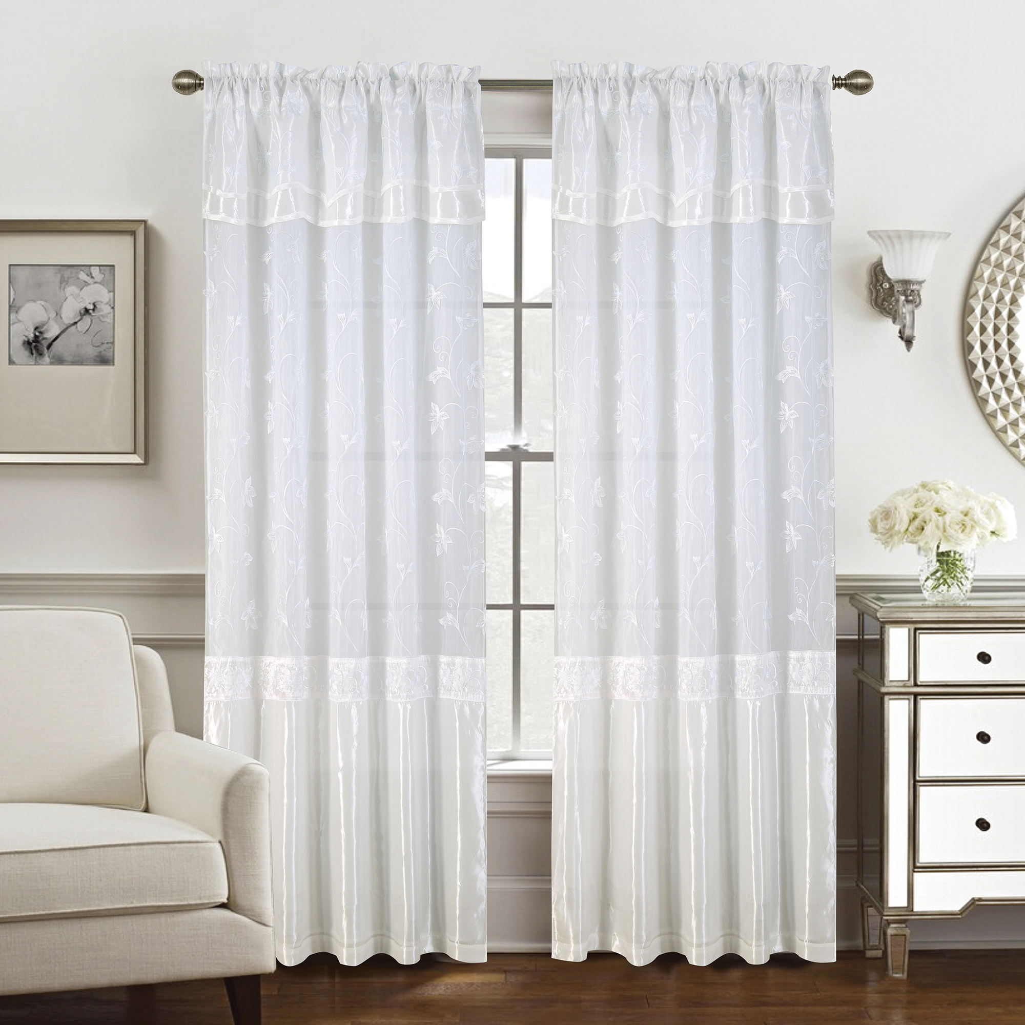 Pia Embroidered Panel With Double Valance 54'' x 90'' White