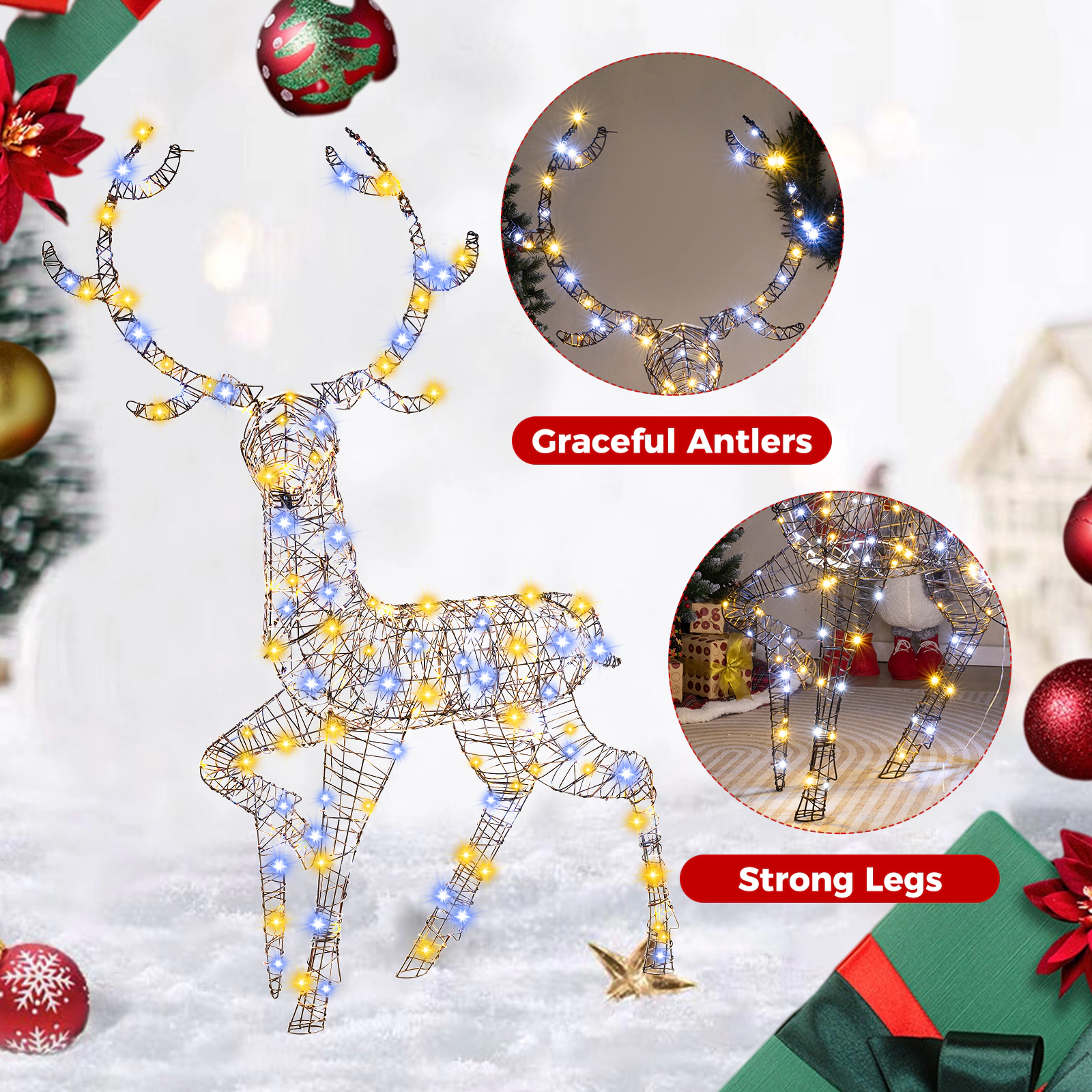 SUGIFT Brown 4.6-ft Pre-Lit PE Rattan Christmas Reindeer Deer with 170 Cold and Warm LED Lights