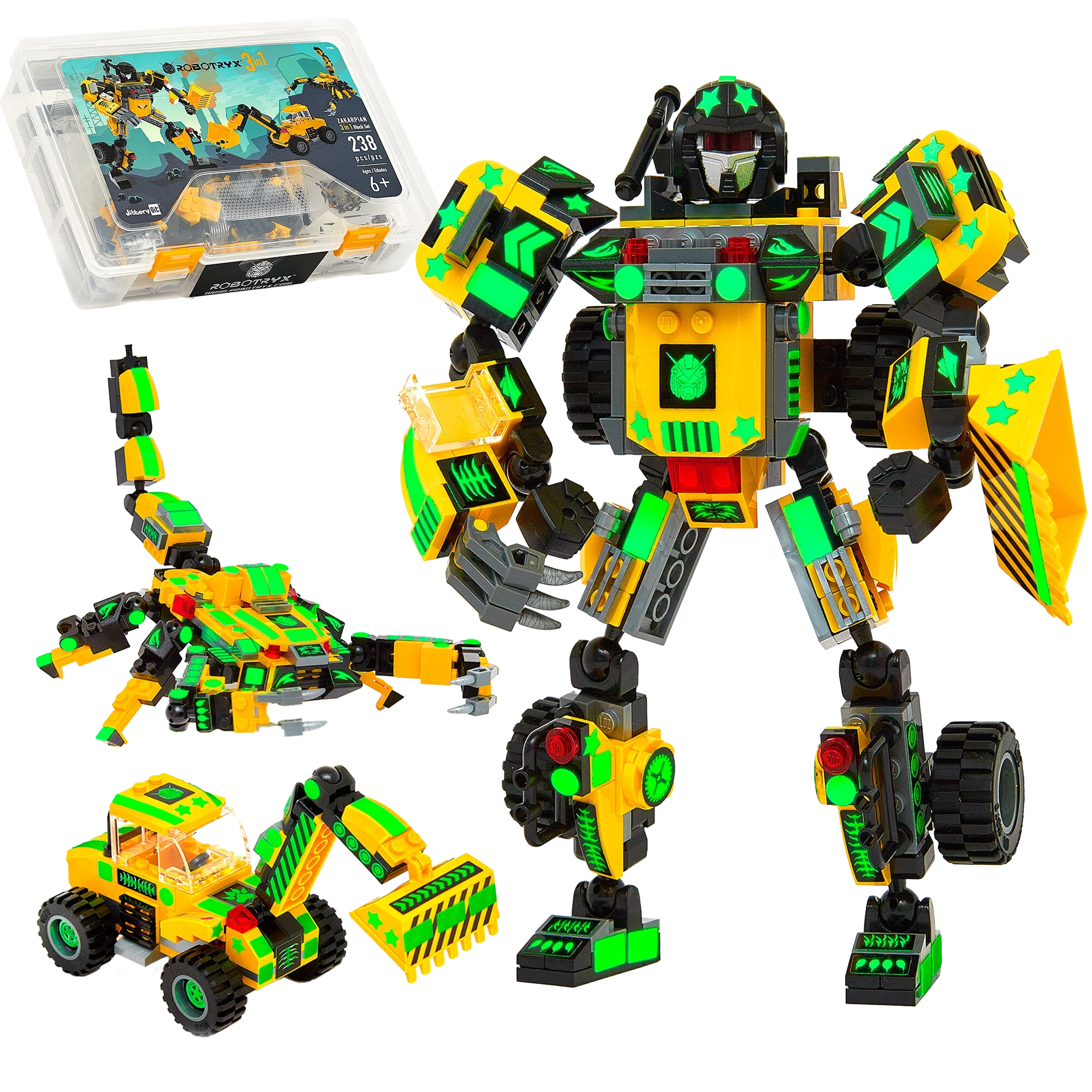 Robotryx Kids Zakarpian 3-in-1 Construction Robot Set - 238-Piece Yellow Warrior