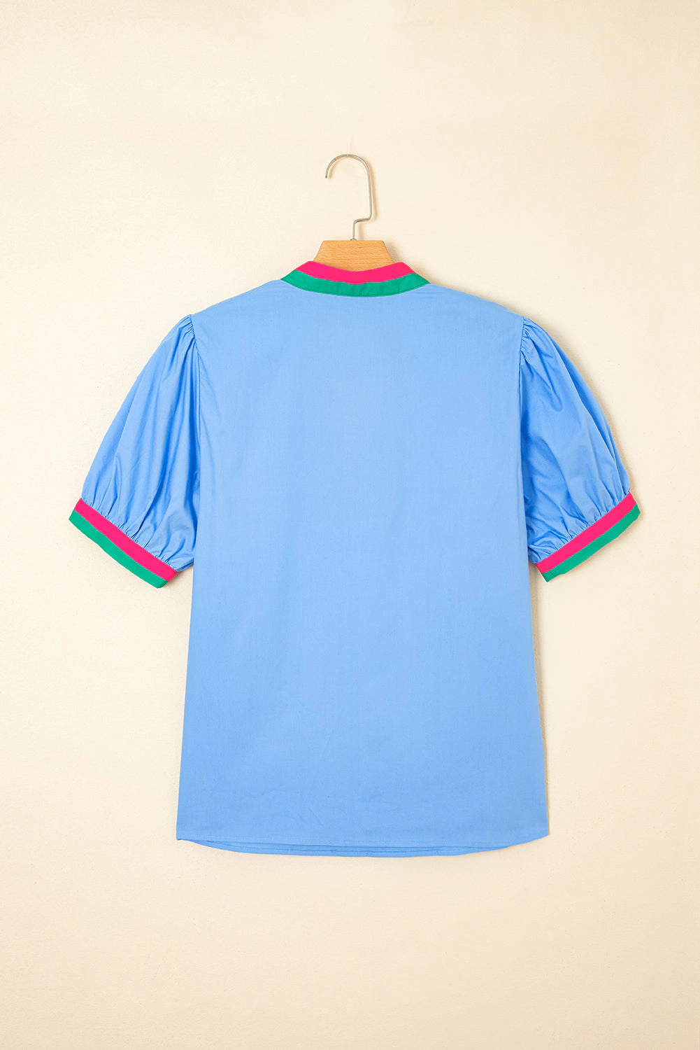 Threaded Pear Womens Sky Blue Contrast Striped V-Neck Short Puff Sleeve Cotton Blouse