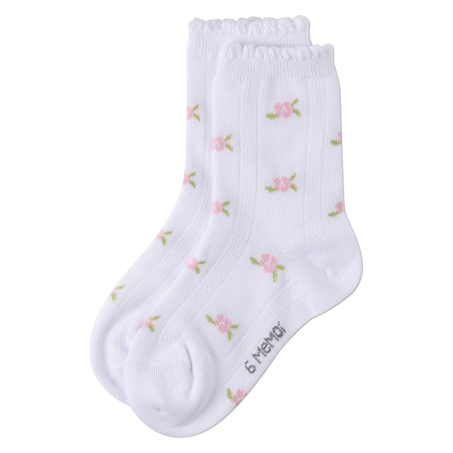 MeMoi Girls Cotton-Rich Scallop-Trim Crew Sock with Mini-Floral Pattern