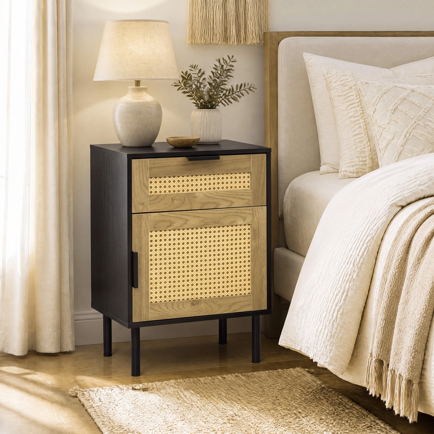 LJG Rattan Nightstand with Drawer and Storage Cabinet for Bedroom Dorm