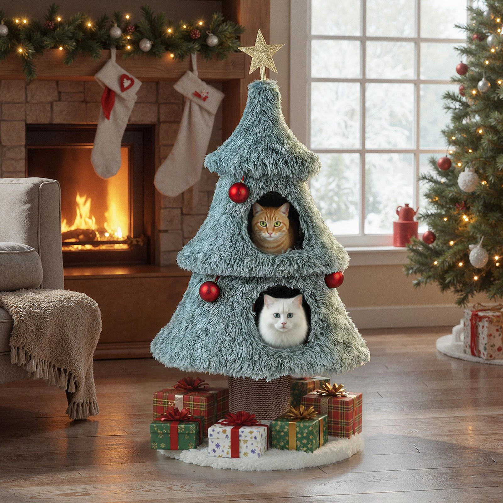 SlickBlue Christmas Cat Tower with Two Condos and Interactive Toys