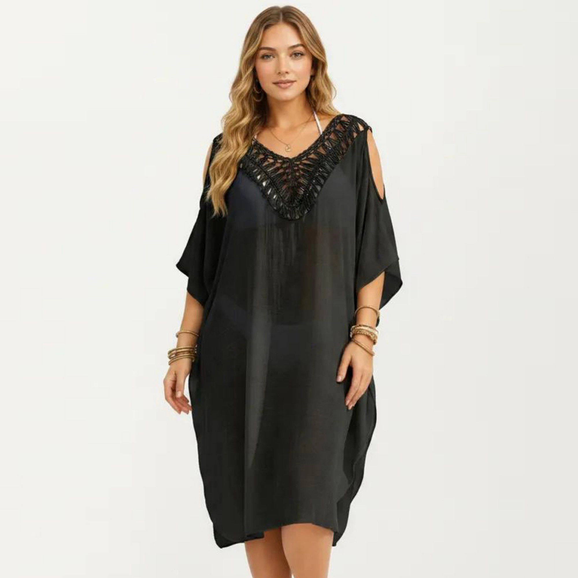 Anna-Kaci Women's Crochet V Neck Cold Shoulder Sleeves Relaxed Fit Swim Cover Up Dress