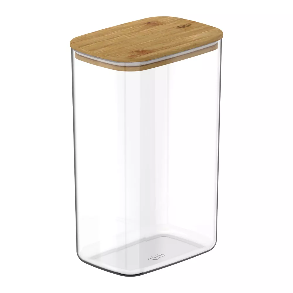 OU Airtight Food Storage Container 9.7cup, Clear Plastic w/ Leak Proof Bamboo Lid, Slim Kitchen Pantry Organizer