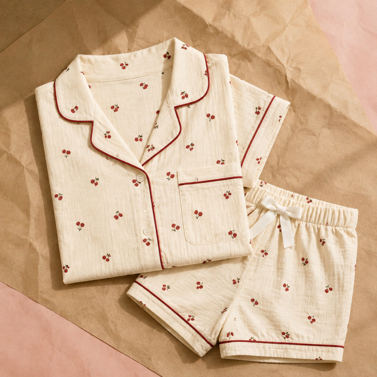 WZK Womens 2-Piece Soft Stretch Lapel Short Sleeve Print Bow Pajama Lounge Set