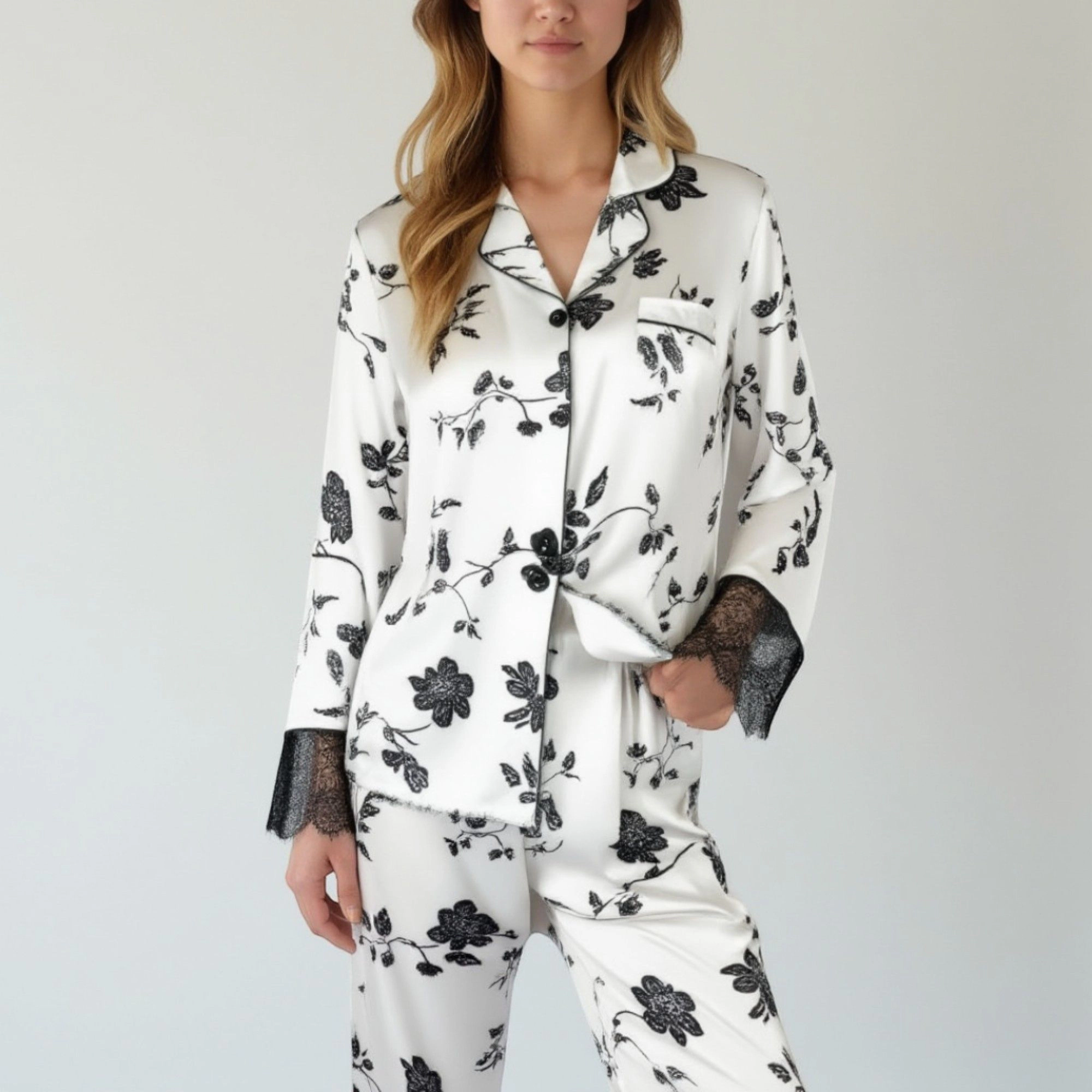 Anna-Kaci Women's Satin Pajama Set with Floral Print and Lace Trim Cuffs Hem