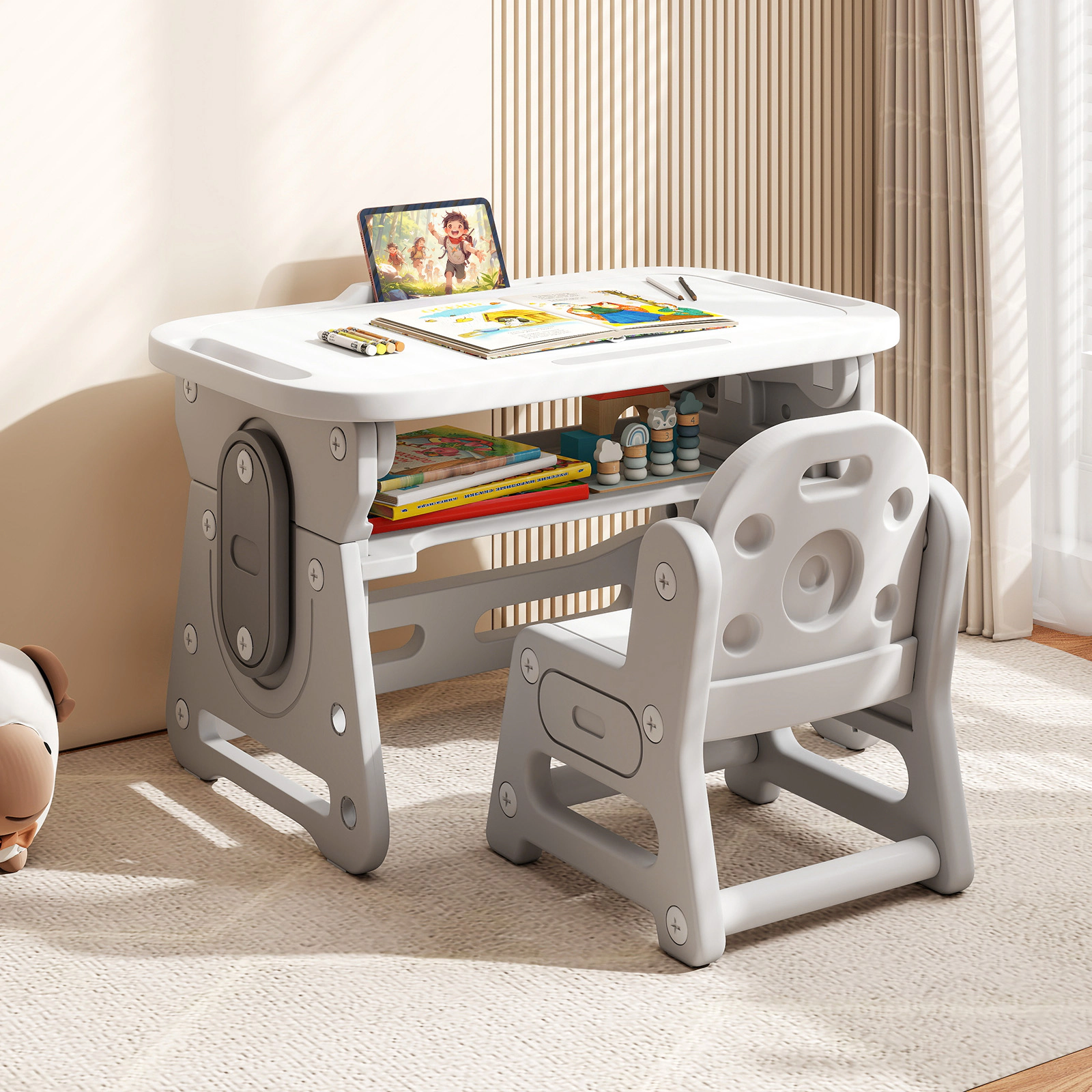SUGIFT Height Adjustable Kids Table and Chair Set with Tiltable Whiteboard and Concave Shelf 66-lb Tabletop Blue/Gray