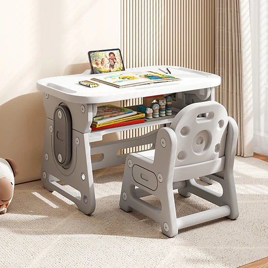 SUGIFT Height Adjustable Kids Table and Chair Set with Tiltable Whiteboard and Concave Shelf 66-lb Tabletop Blue/Gray