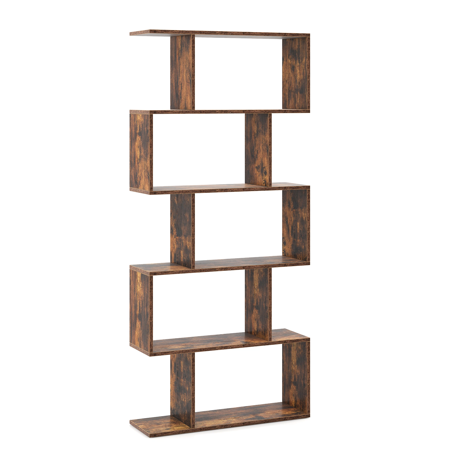 SUGIFT 5-Tier S-Shaped Engineered Wood Bookshelf 27.5-in Wide 62.5-in Tall 45-lb Shelf Capacity Rustic Brown