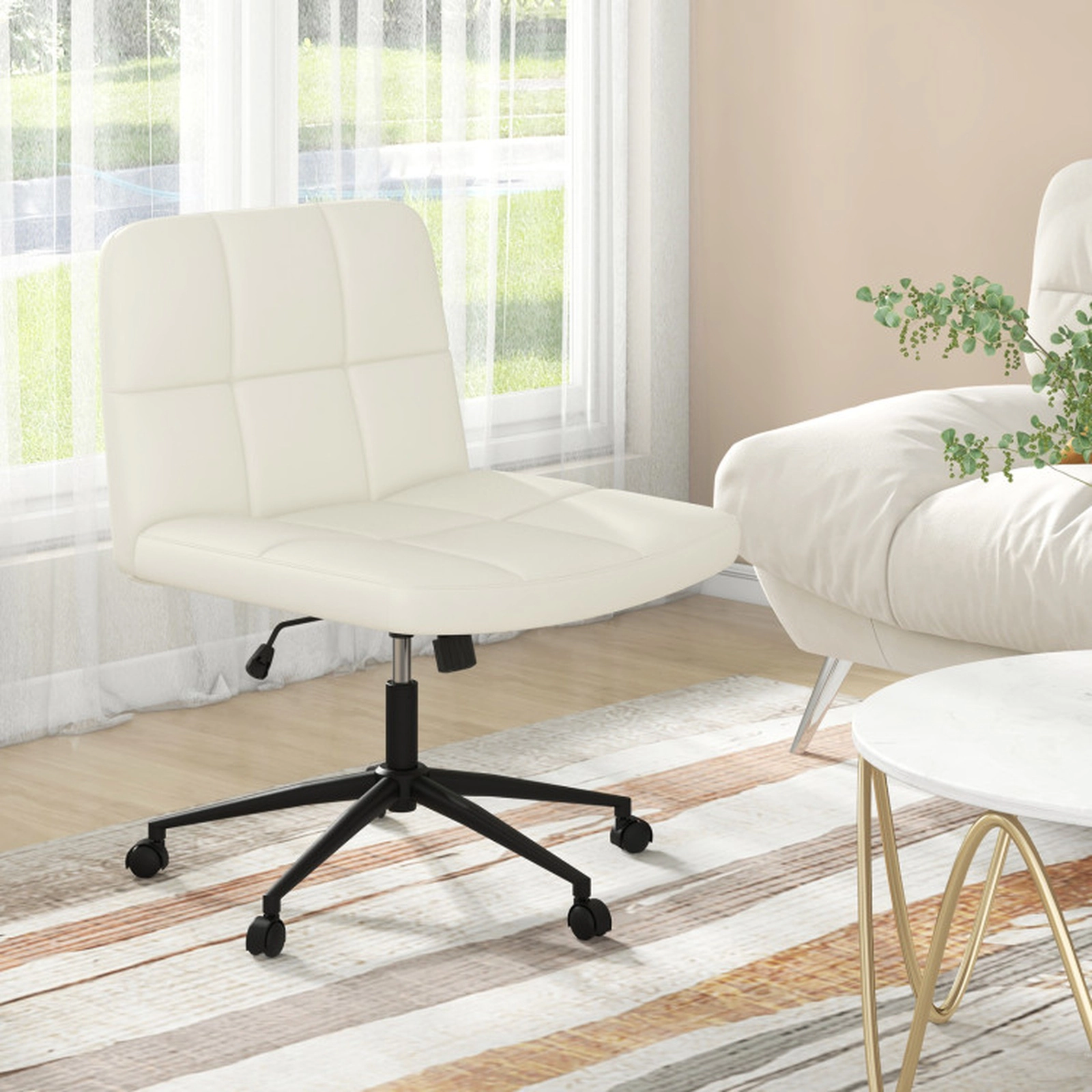 SUGIFT Oversize U-Shaped Cushion Armless Desk Chair with Rocking Mechanism 330-Lb Capacity Height-Adjustable Beige/Brown