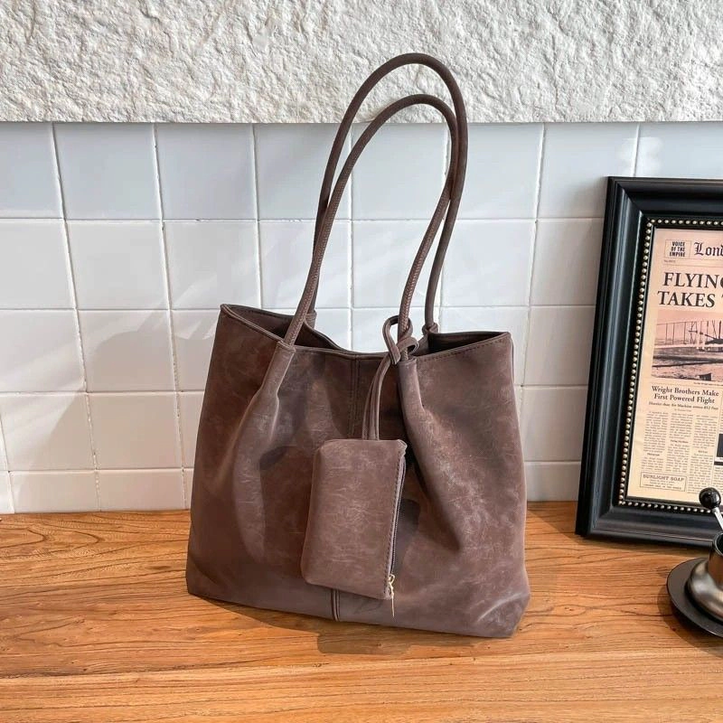 Alilang Women's Soft PU Leather Tote Bag with Removable Pouch and Shoulder Handles, Khaki
