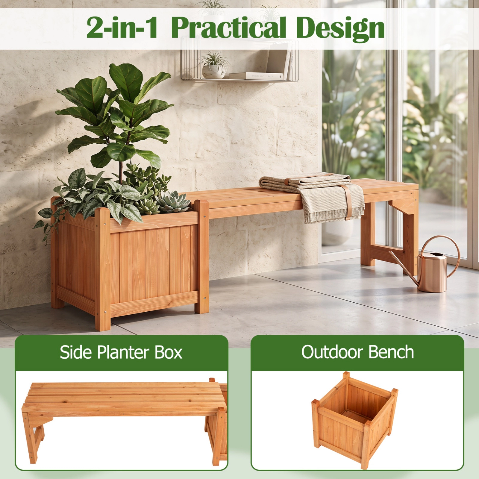 SUGIFT 2-in-1 Raised Planter Box 2-Person Seat Fir Wood Garden Bench 53-in x 14-in x 14-in 660-lb Capacity Natural