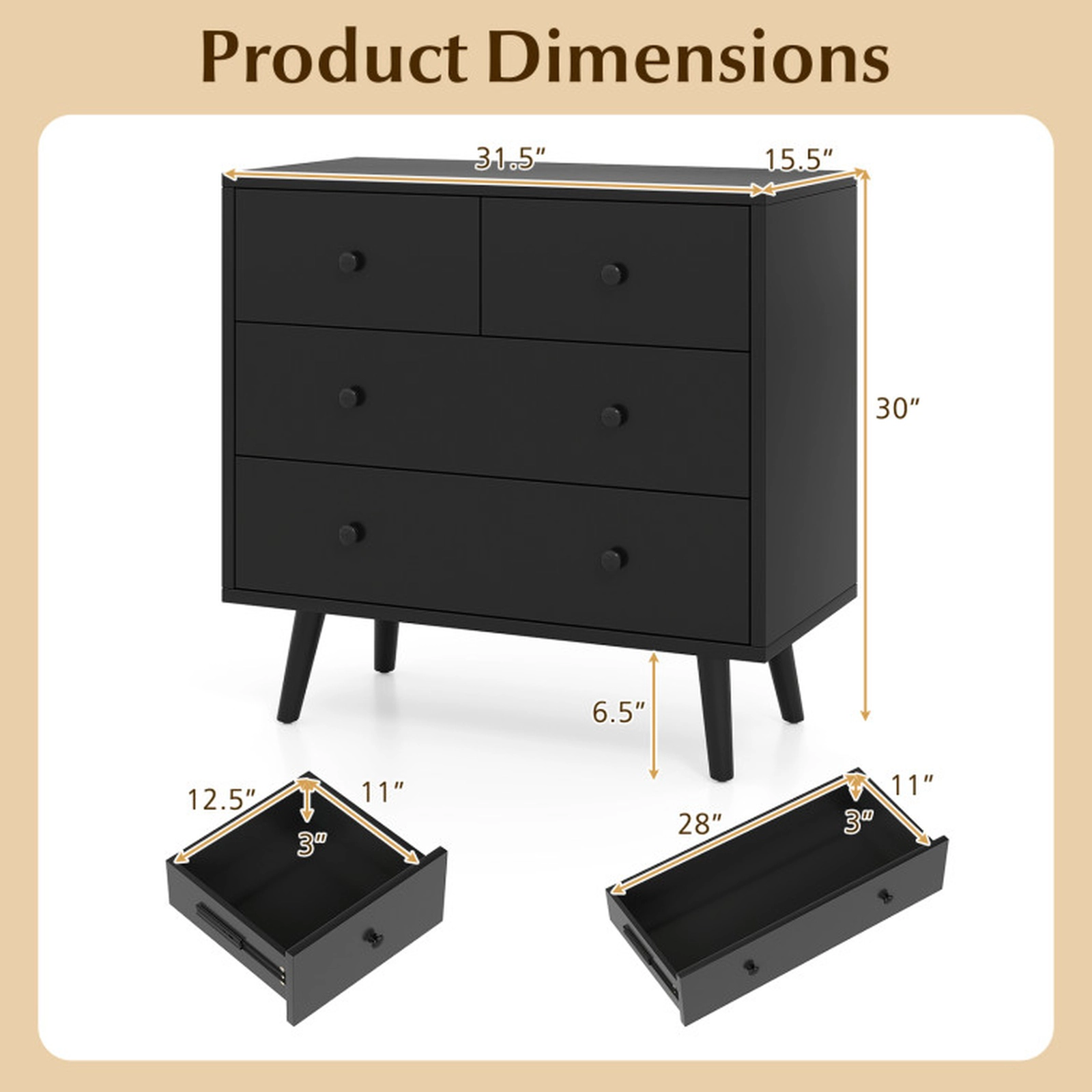 SUGIFT Black Tapered Legs for Bedroom and Living Room 4-Drawer Wide Wooden Dresser