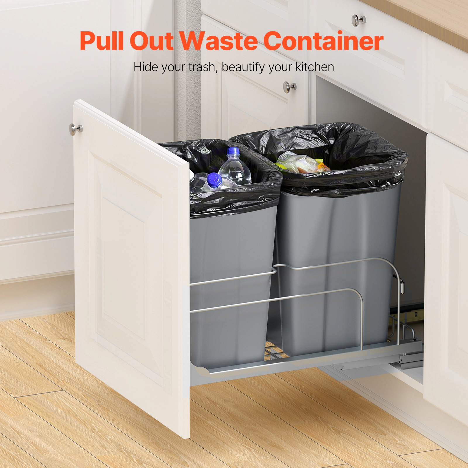 HONGGE Double Pull-Out Under-Cabinet Trash Can, Dual 27 Qt Bins with Soft-Close Slides & Door Kit, Grey