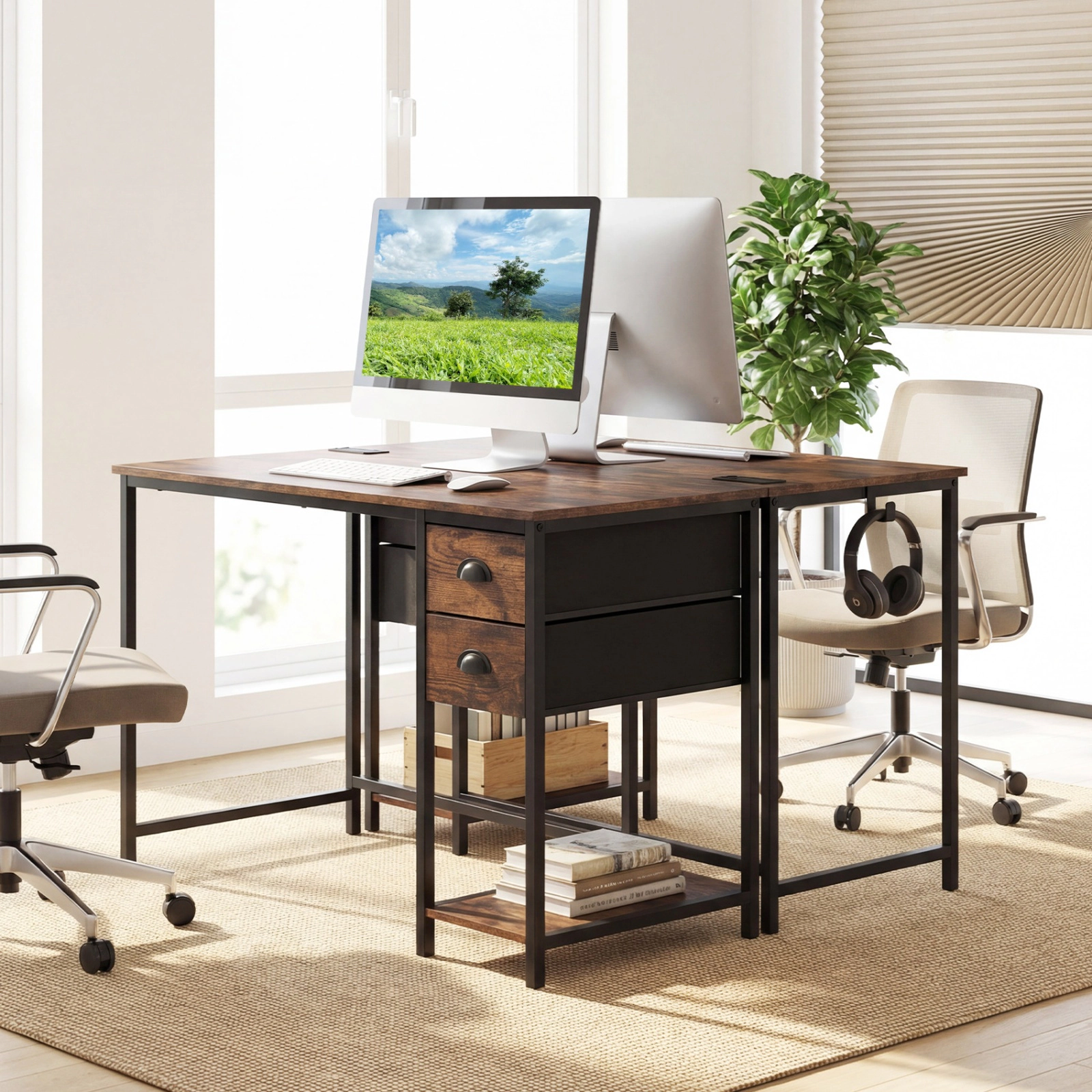 SUGIFT 38 in Computer Desk Rustic Brown with Charging Station and 2 Fabric Drawers