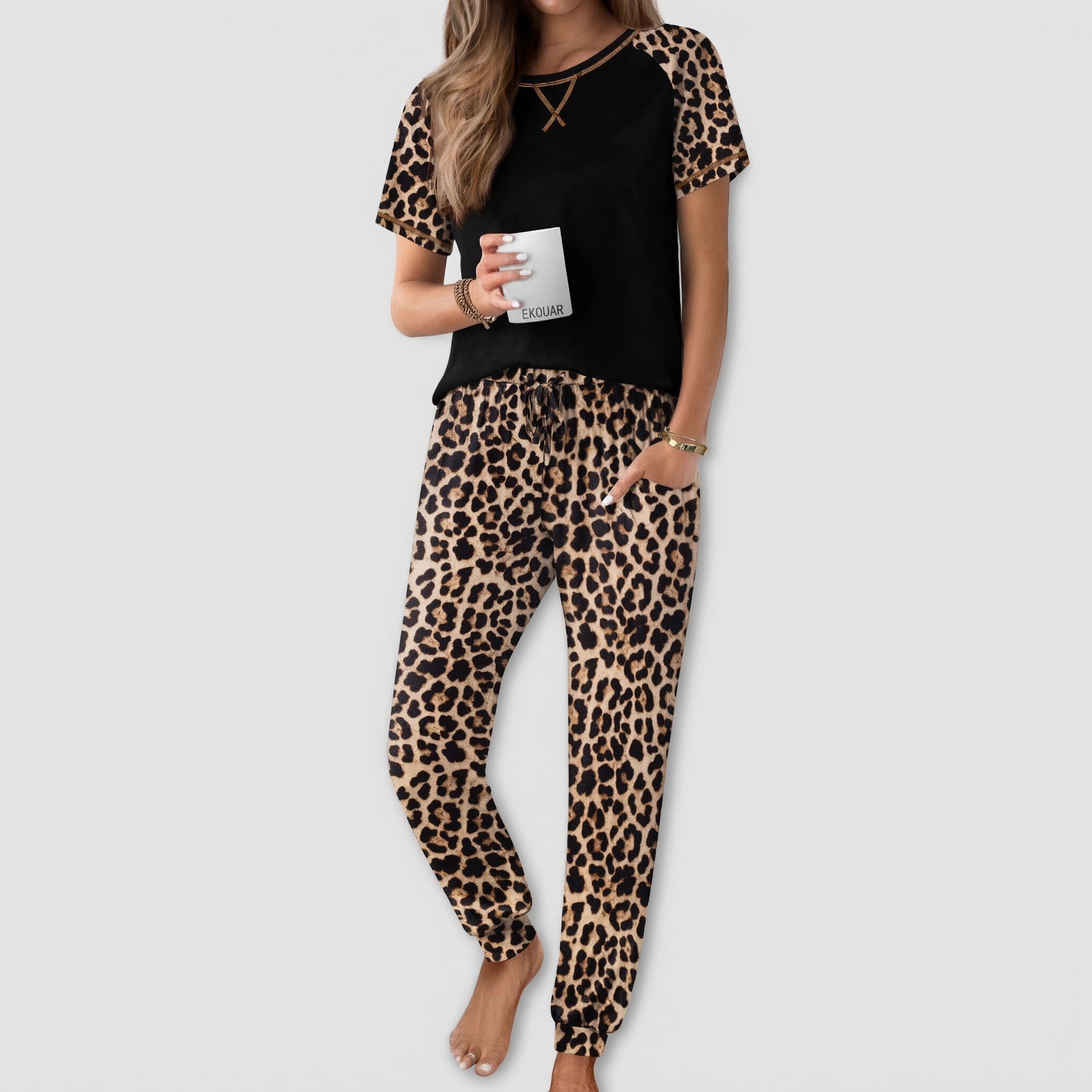 Ekouaer Womens Jogger Pajamas Sets 2 Piece Raglan Short Sleeve Pjs Lounge Set Soft Sleepwear