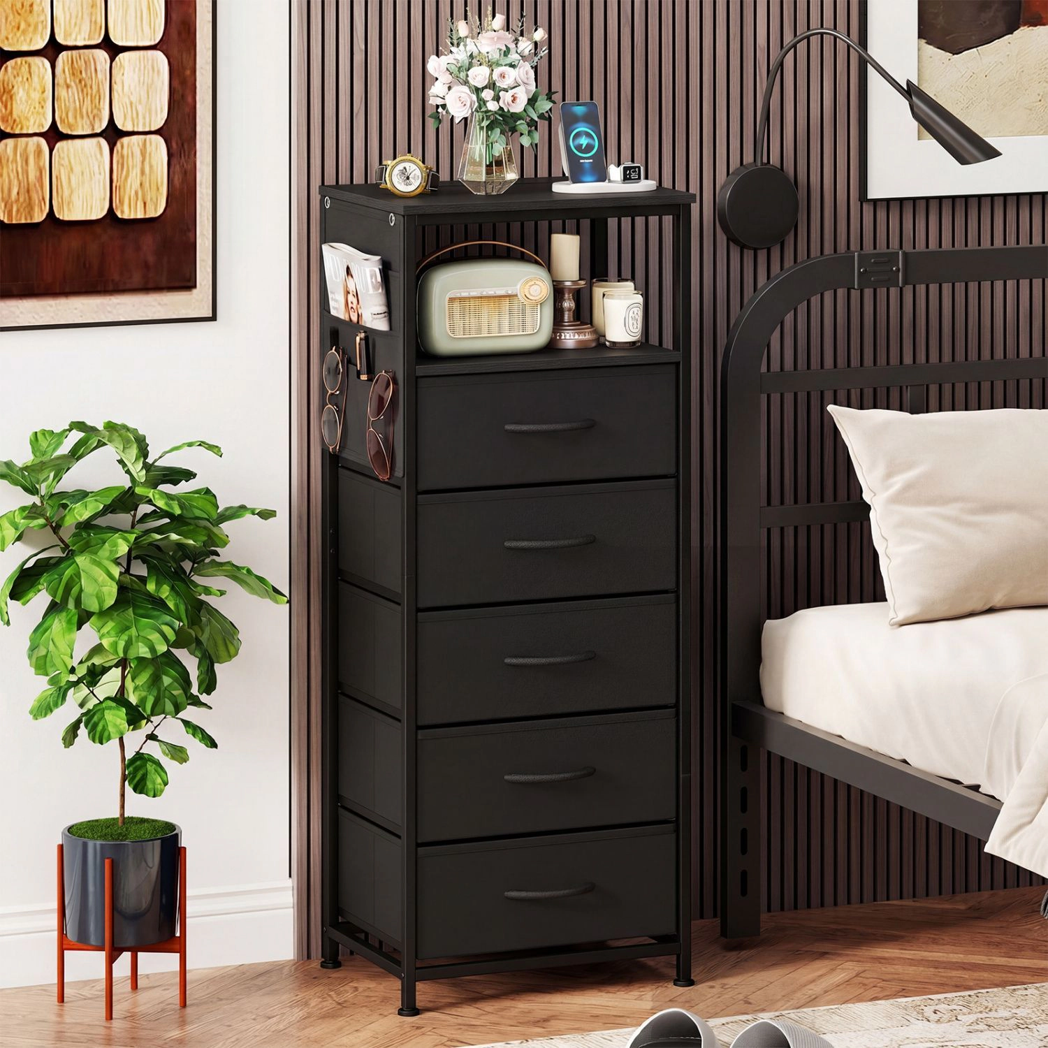 SlickBlue Storage Cabinet with 5 Drawers, Charging Station & Pocket