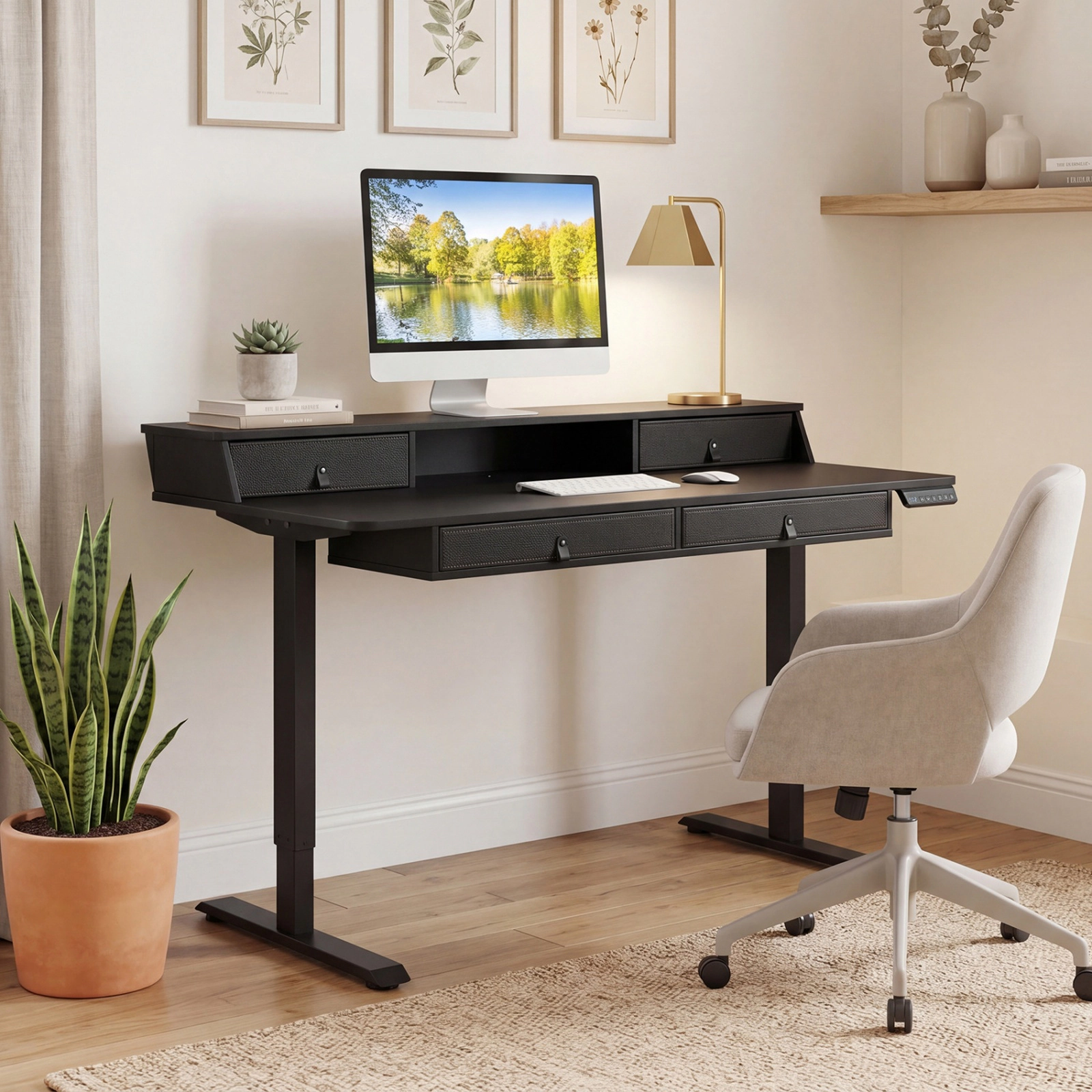 SUGIFT 55 x 27 in. Black Electric Height-Adjustable Standing Desk with 4 Drawers