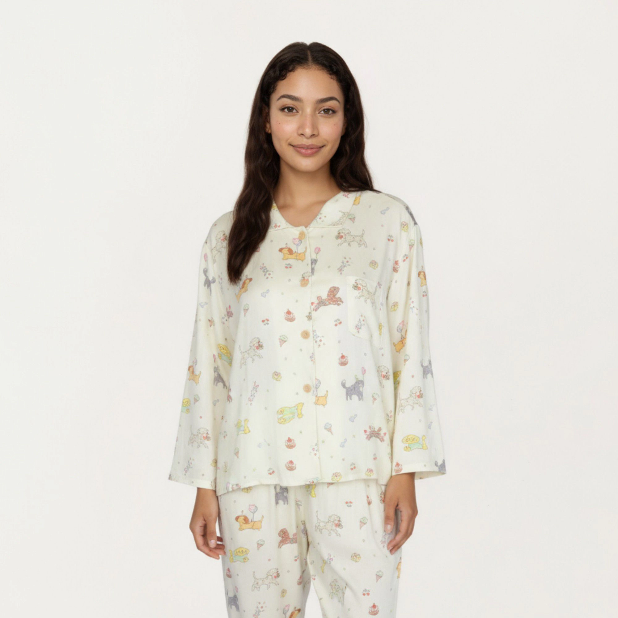 Anna-Kaci Women's 2-Piece Dog Print Button Up Long Sleeve Pajama Top and Matching Pants