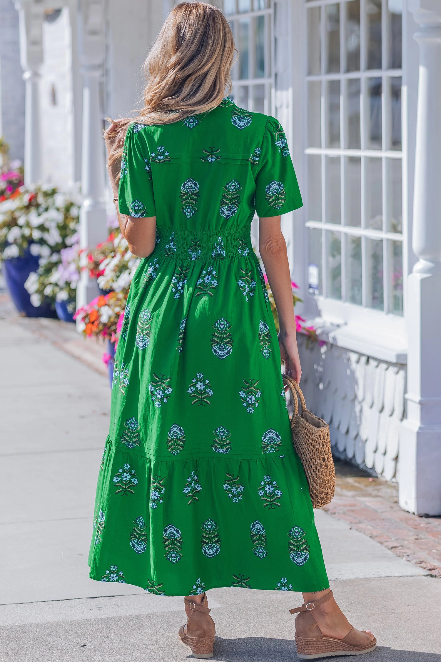 19092 Davina Ruffle-Hem Maxi Dress - Floral, Shirred Waist, Short Sleeves