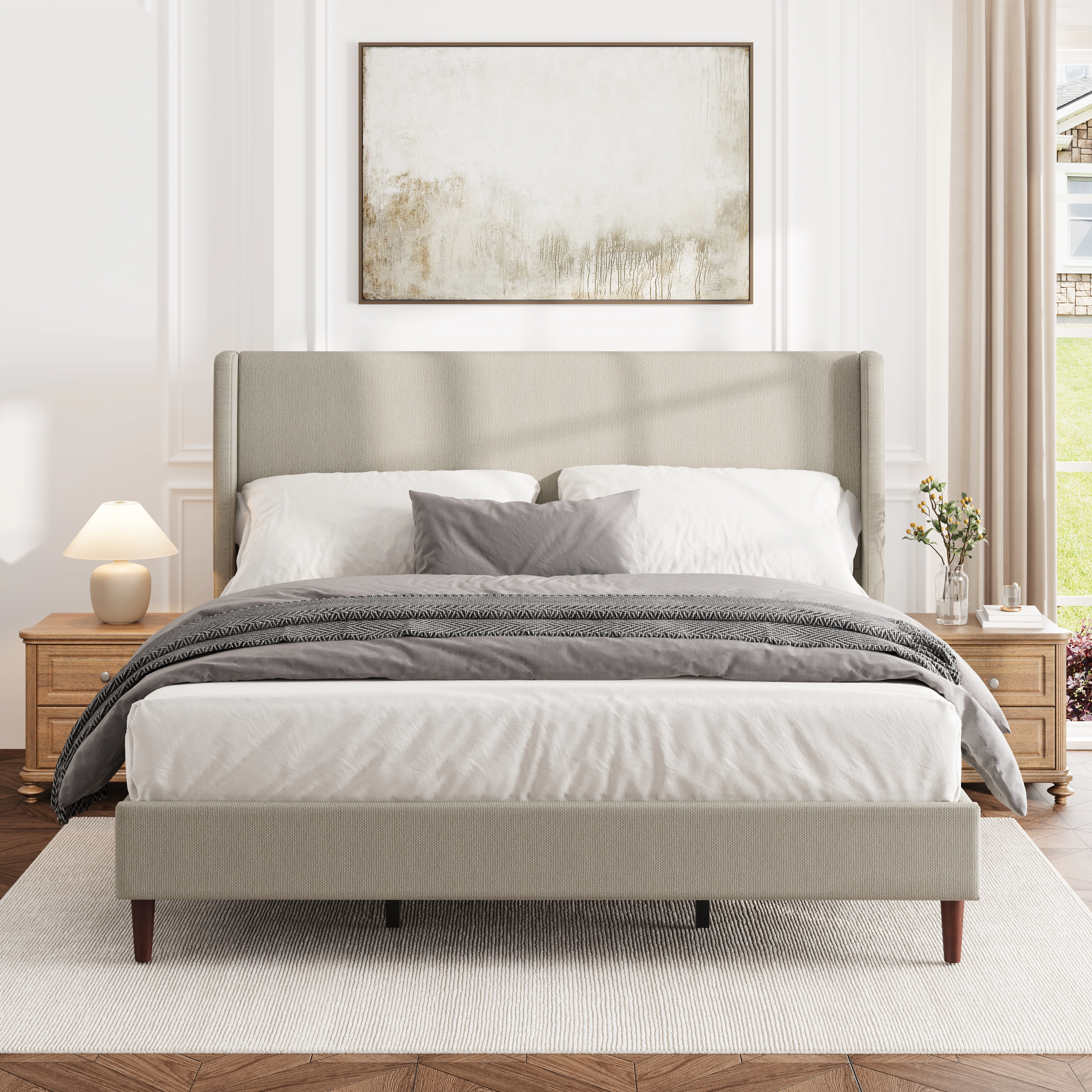 Flynama King Upholstered Bed with High Linen Headboard, 12-Slat Support, Beige