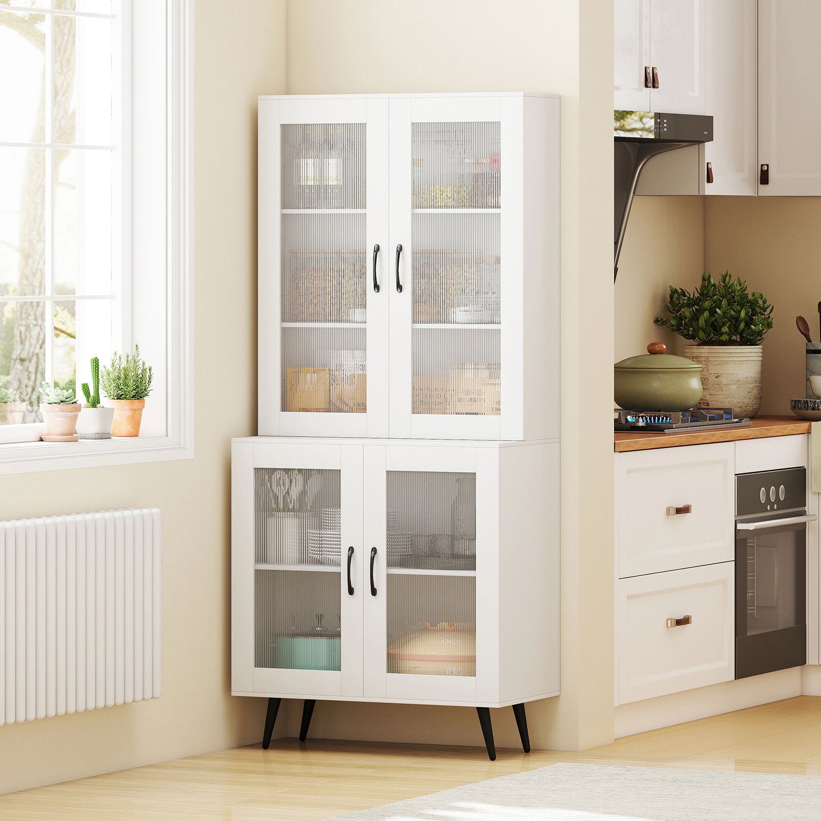 SUGIFT 70.5-in Tall White Pantry Cabinet Cupboard with 4 Transparent Doors and 5-Position Adjustable Shelf