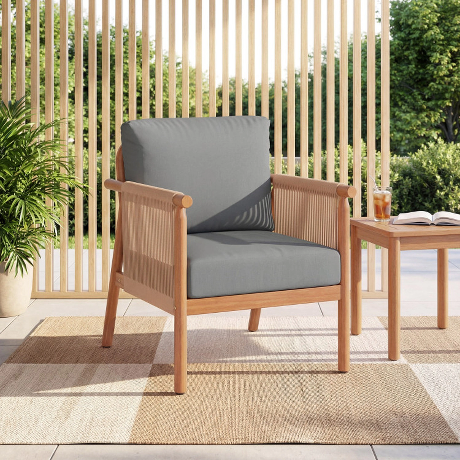 SUGIFT Boho Woven Rope Patio Acacia Wood Chair Set of 4 with Seat and Back Cushions 400-lb Capacity Gray