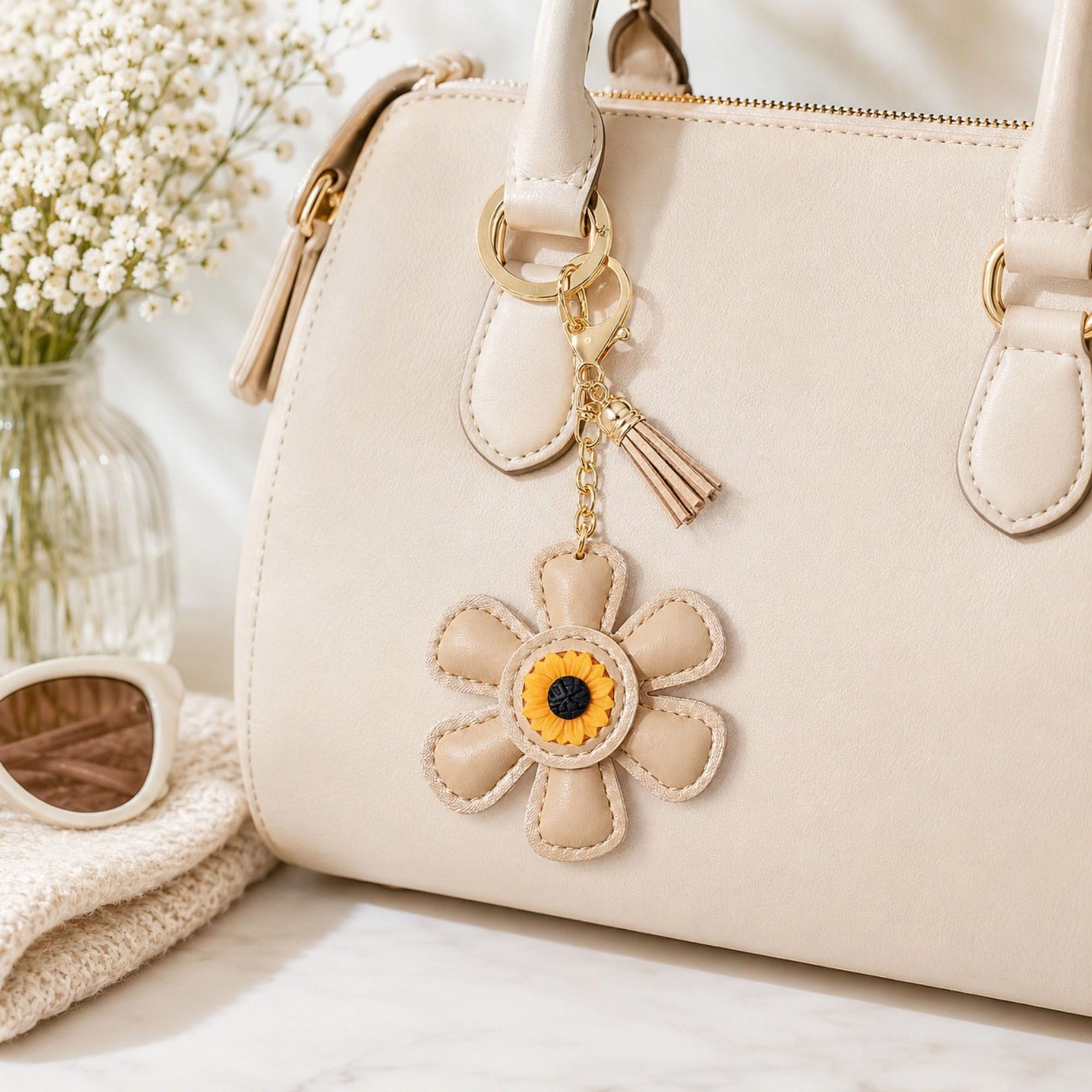 Alilang Women's Faux Leather Sunflower Bag Charm Keychain Floral Purse Accessory with Tassel