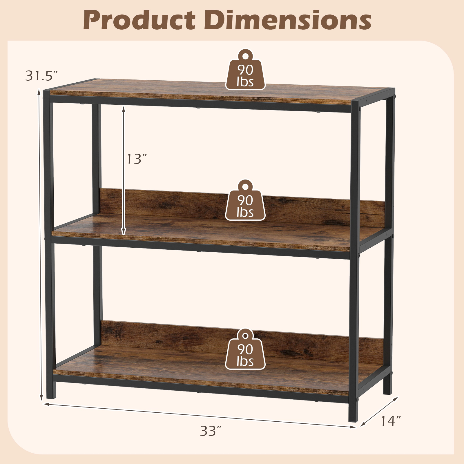 Costway 2 PCS 3-Tier Bookshelf, Industrial Small Bookcase with Wooden Shelves & Metal Frame